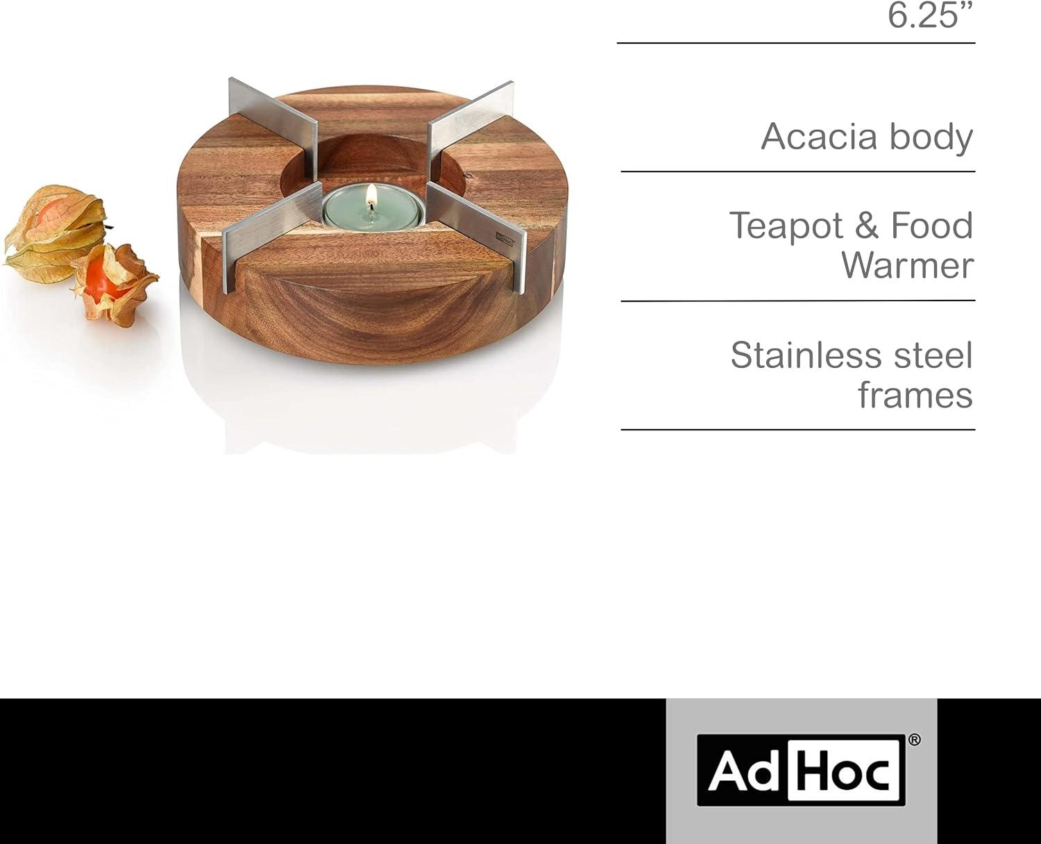 AdHoc Tuto Round Decorative Serving Tray and Warmer, 6", Stainless Steel & Acacia Wood