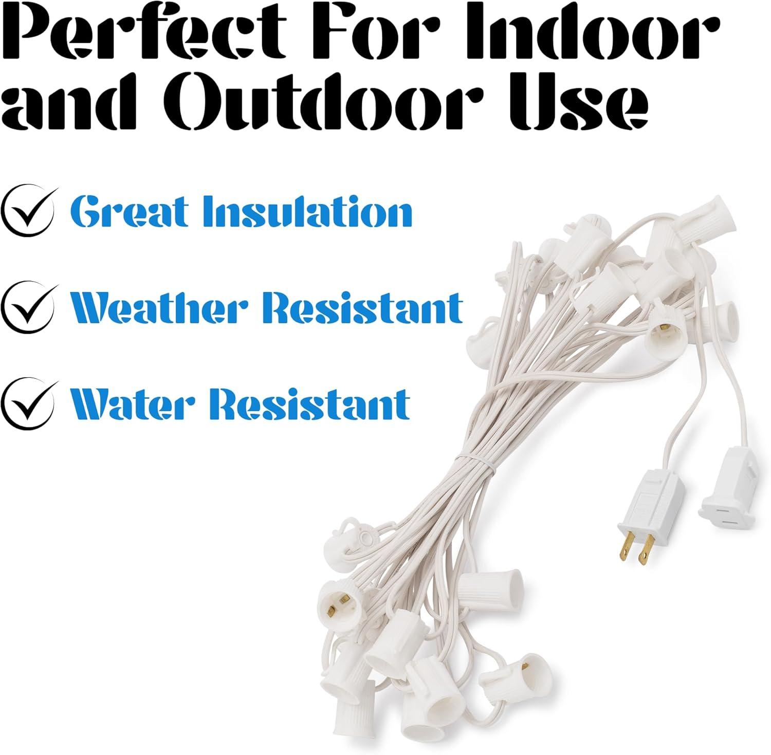 C7 Light Strings | 50' White Cord with 12" Socket Spacing, E12 Light Stringer for C7 Christmas Lights
