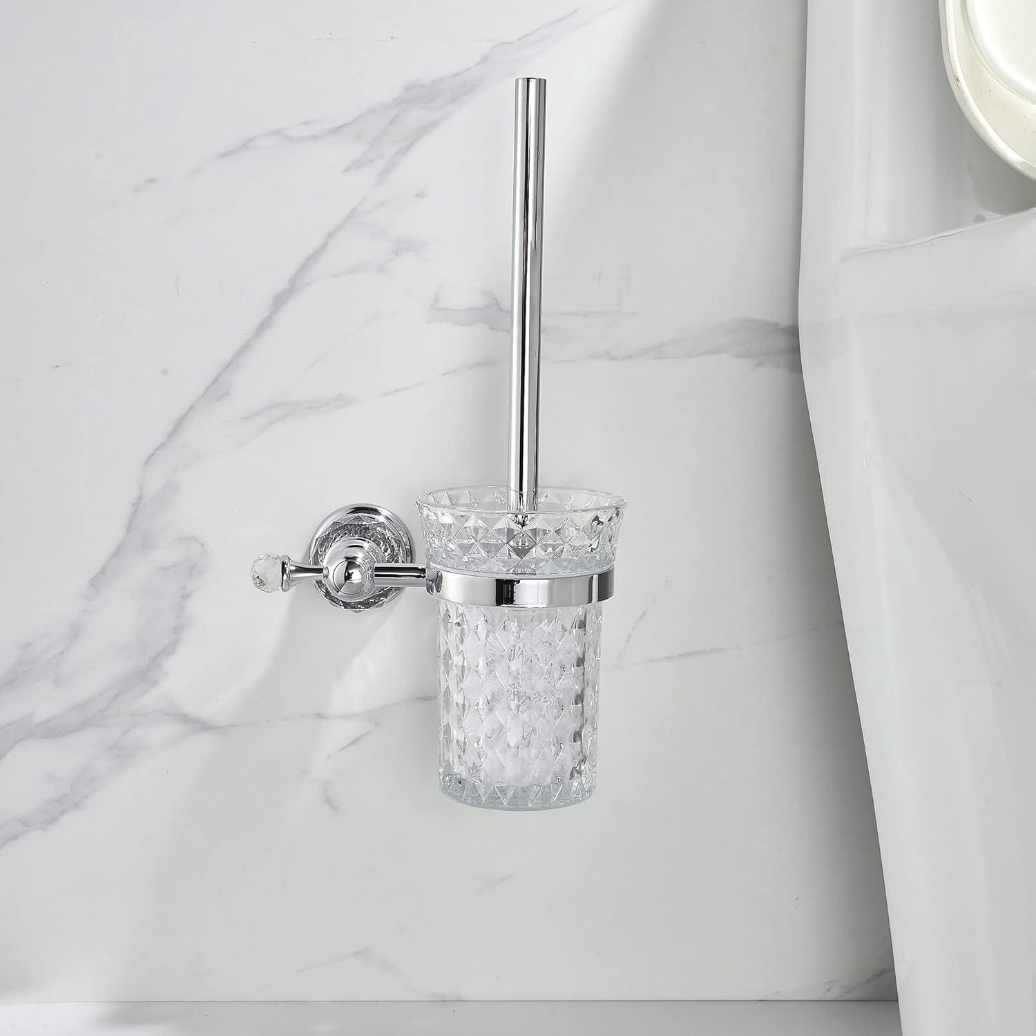 Crystal Wall-Mounted Toilet Brush Holder with Polished Silver Handle