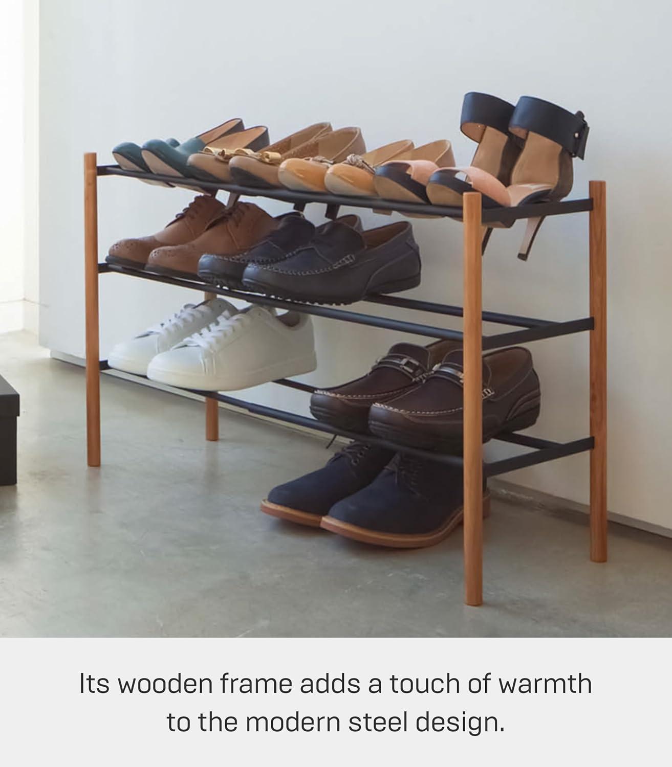 Yamazaki Home Expandable 3-Tiered Space Saving Shoe Rack, Steel,Holds 12 to 16 Shoes