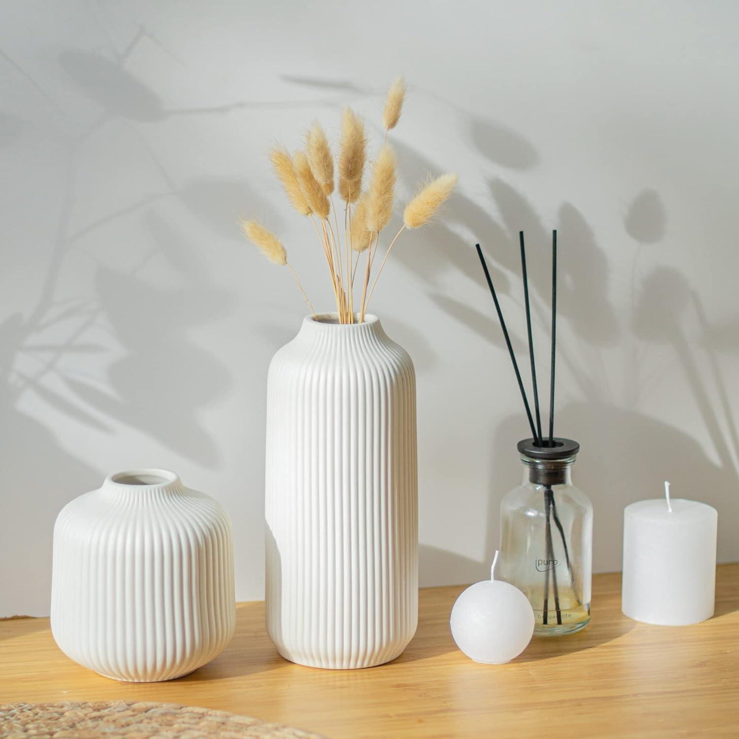 White Ceramic Grooved Cylinder Vases Set of 2