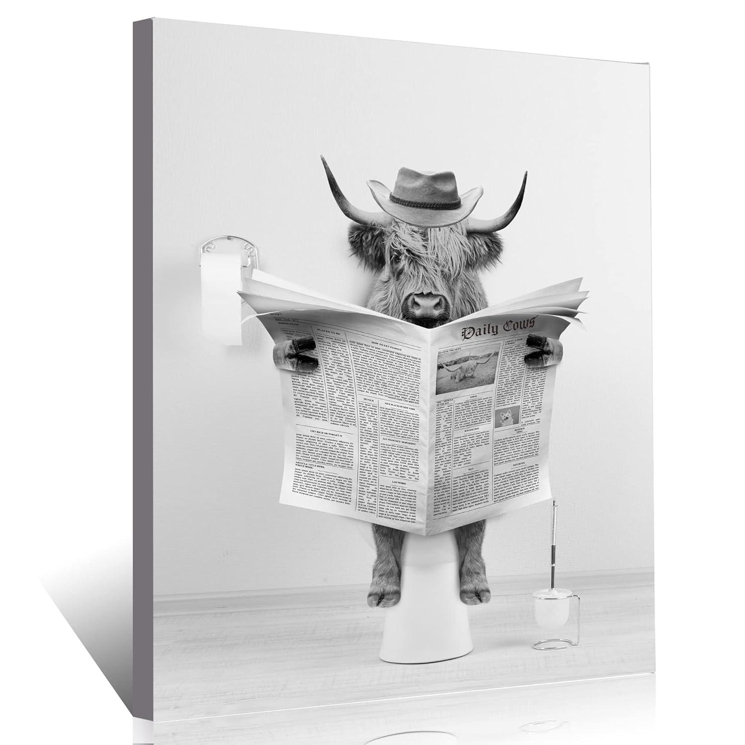 Modern Black Framed Highland Cow Wall Art Minimalist Bathroom Wall Decor Cute Funny Animals Artwork Canvas Prints Ready to Hang for Guest Bathroom, Hotel, Condo, Kids Bathroom, 12”x16”