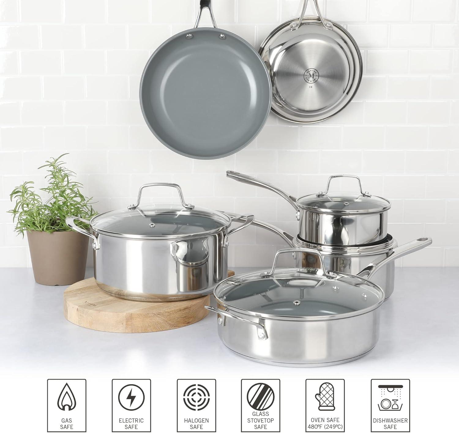 Martha Stewart Delaroux 10 Piece Stainless Steel Cookware Set w/ Nonstick Ceramic Interior