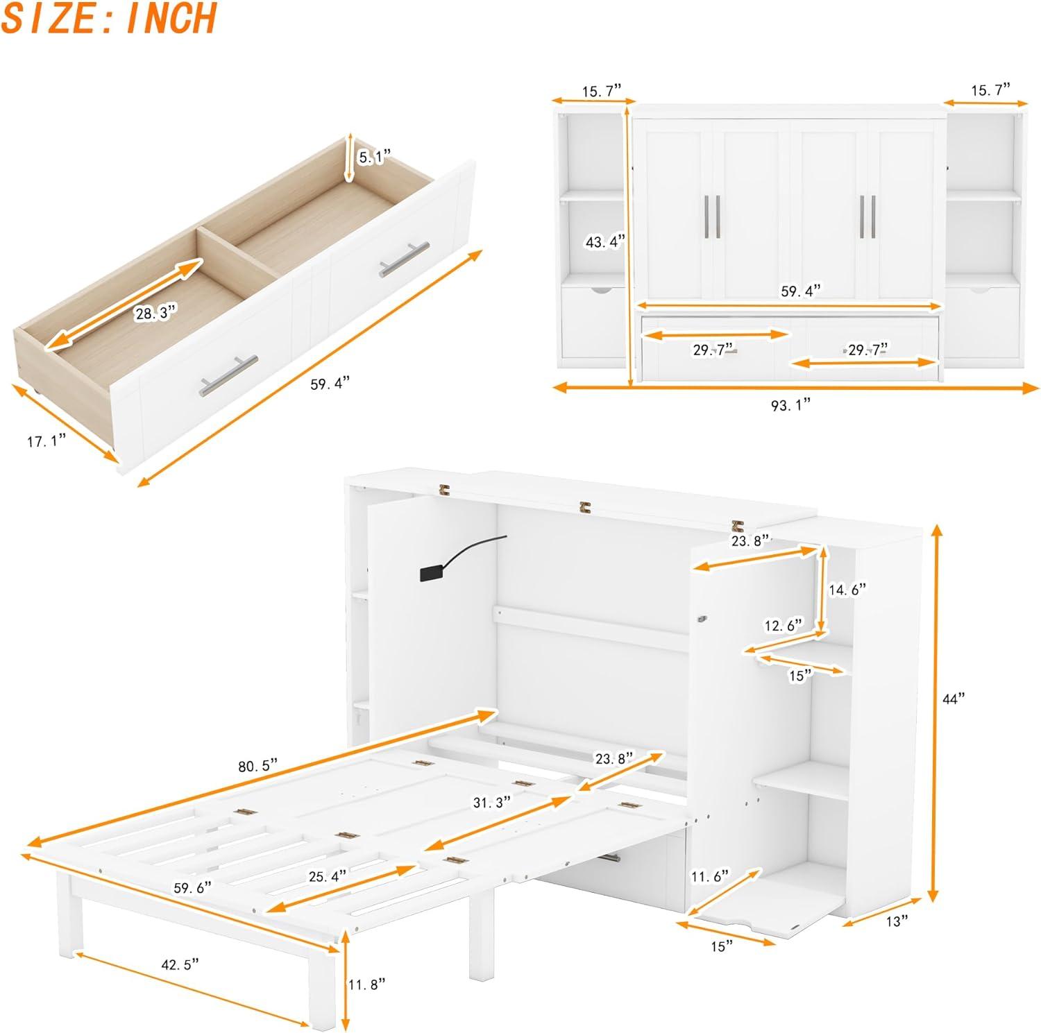 White Queen Murphy Bed with Storage and USB Ports