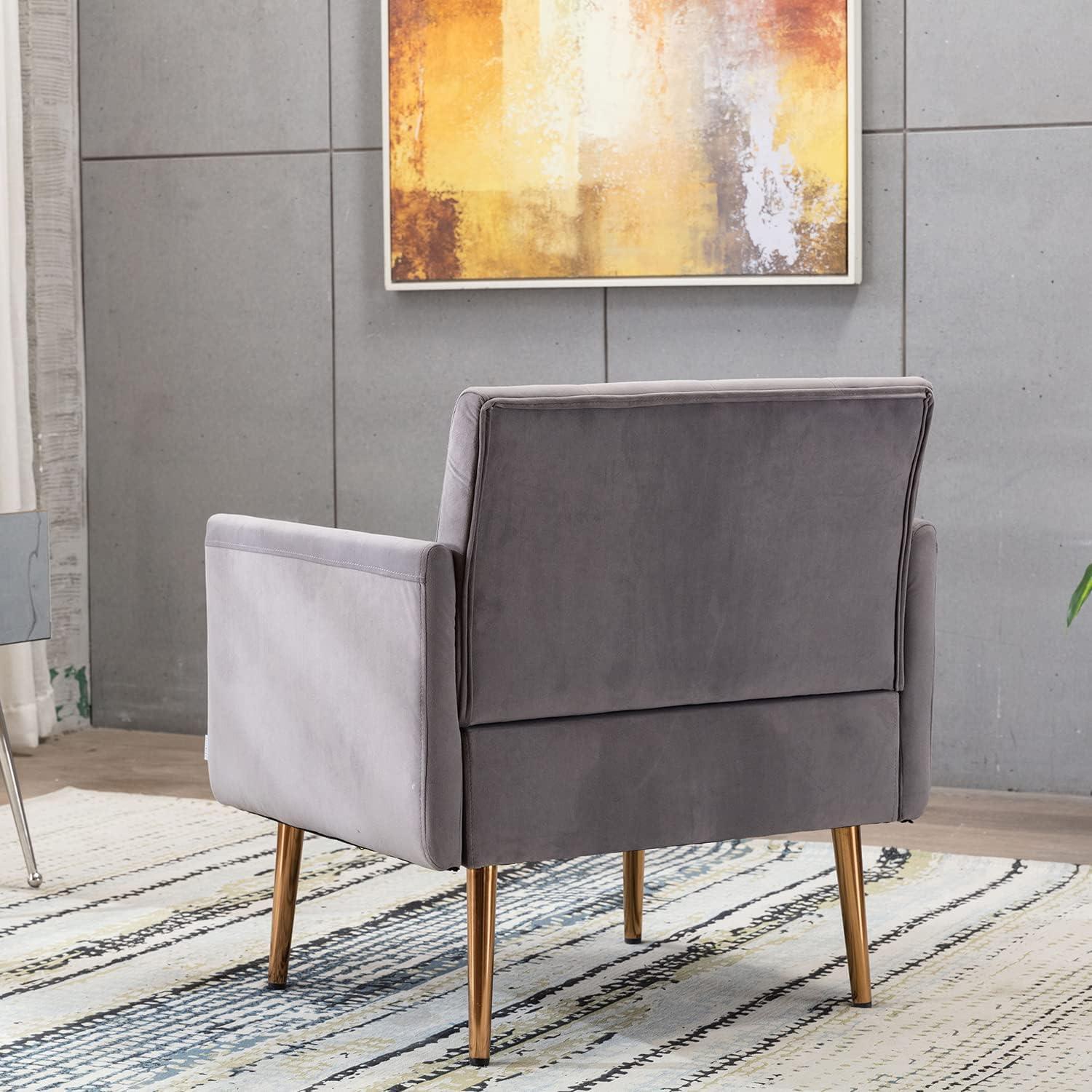 Velvet Accent Chair, Modern Wide Seat Single Sofa Armchair with Gold Metal Legs, Upholstered Button Tufted Reading Chair Club Chair for Living Room Bedroom Apartment, Gray