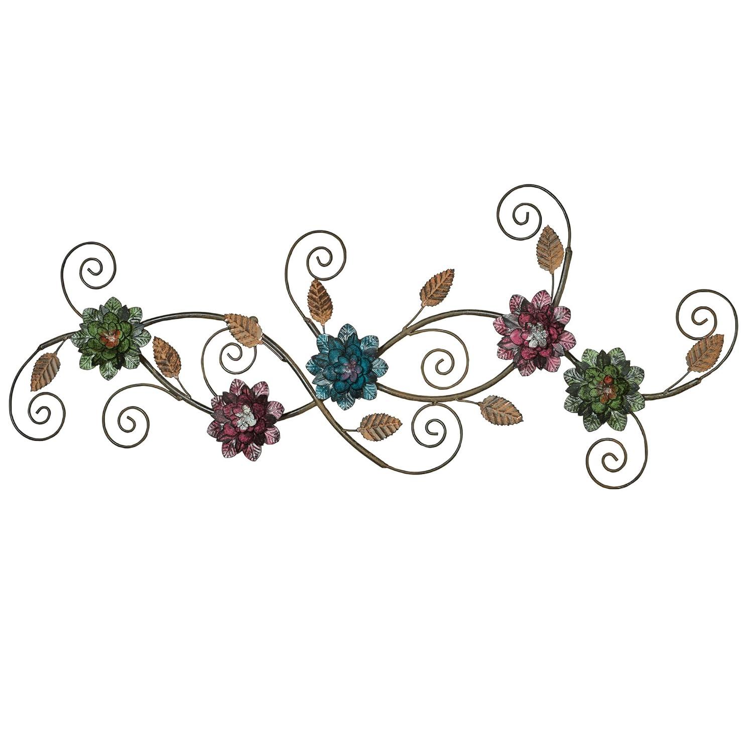 Golden Bronze Metal Wall Art Sculpture with Purple and Green Flowers