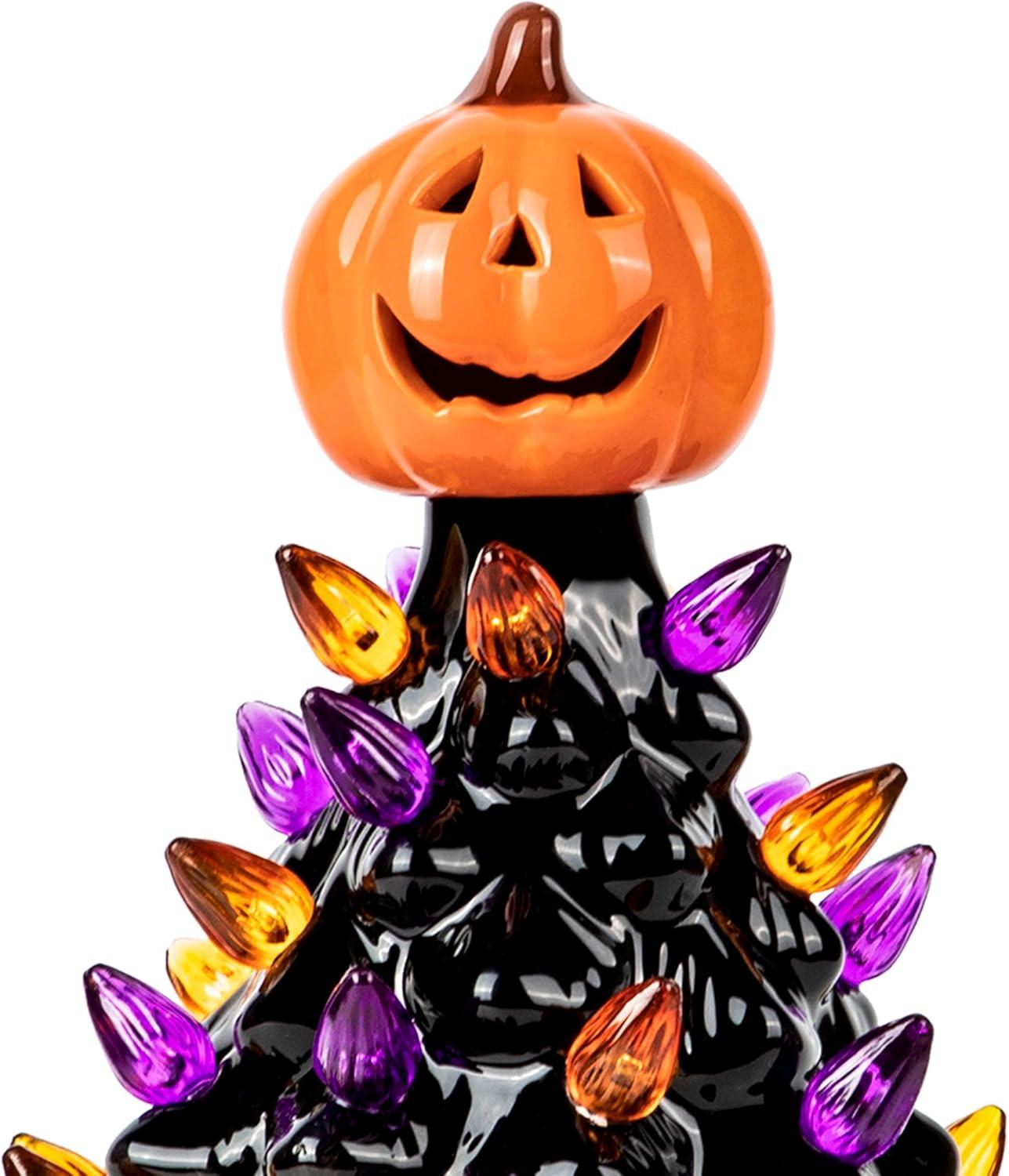 CodYinFI Christmas Tree - Decoration Made with Ceramic, Orange Pumpkin Head-Home Decoration-Trick Or Treat- Over 35 Multicolor Bulbs, LED Light Up by Battery - Black, 9 Inch