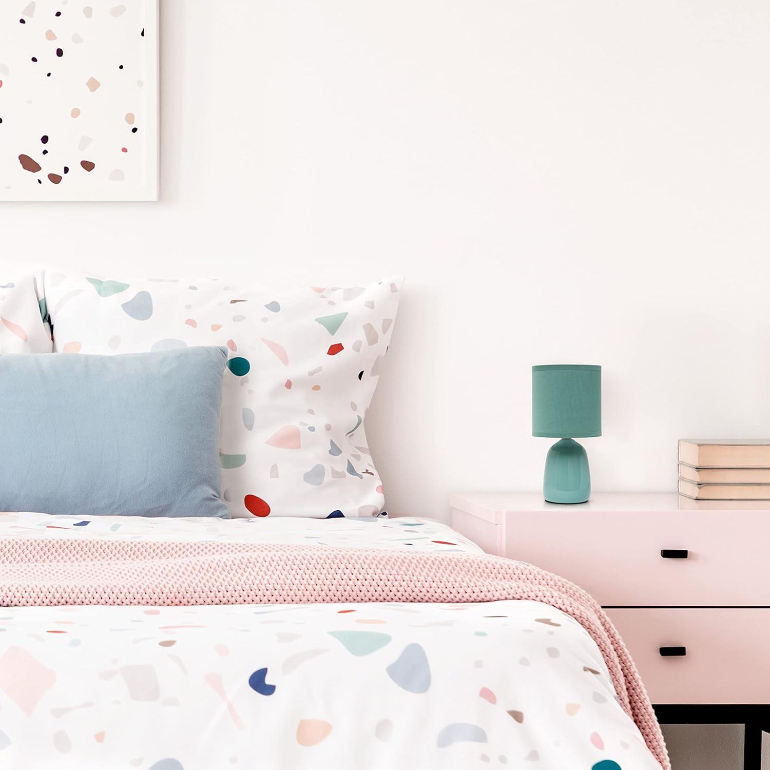 10.04" Traditional Ceramic Thimble Base Bedside Table Desk Lamp with Matching Fabric Shade Light Aqua Blue - Simple Designs: ETL Listed