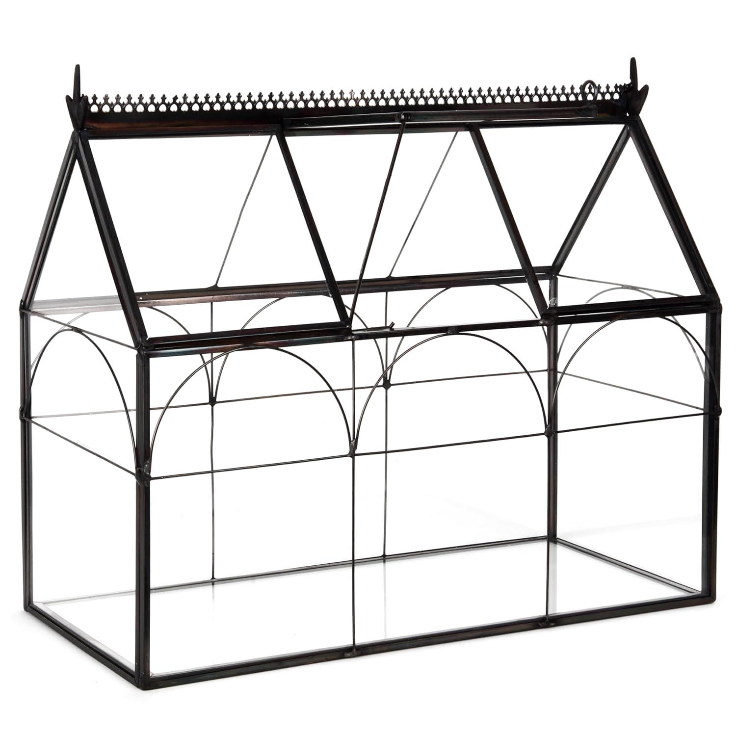 D'Eco Glass Greenhouse Plant Terrarium (10x4.5x9) - Indoor Tabletop Black Hinged Geometric Planter Holiday Decor - Christmas Gift for Plant Lovers