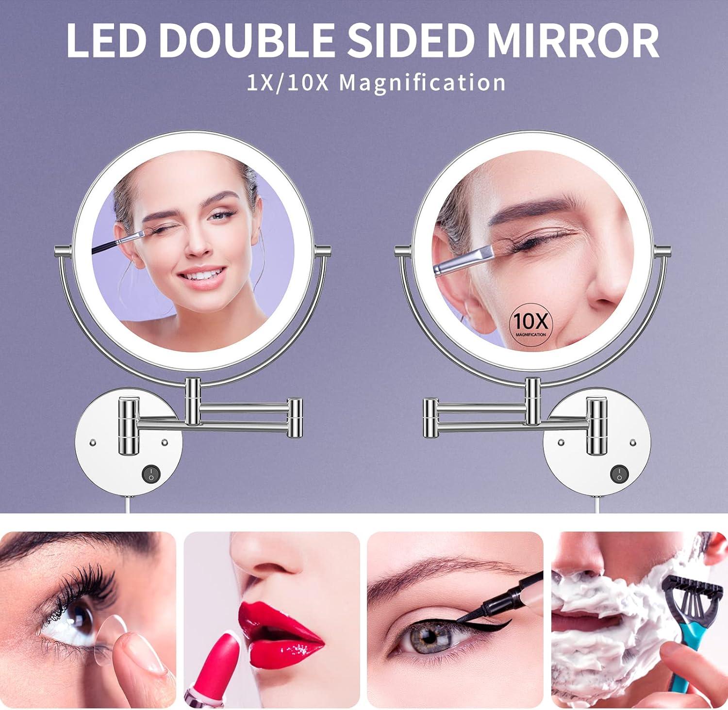 Benbilry 9" Large Size Wall Mounted Makeup Vanity Mirror, 1X/10X Magnifying Double Sided Shaving Mirror for Bathroom, 360° Swivel Extendable Arm Nickel Finish