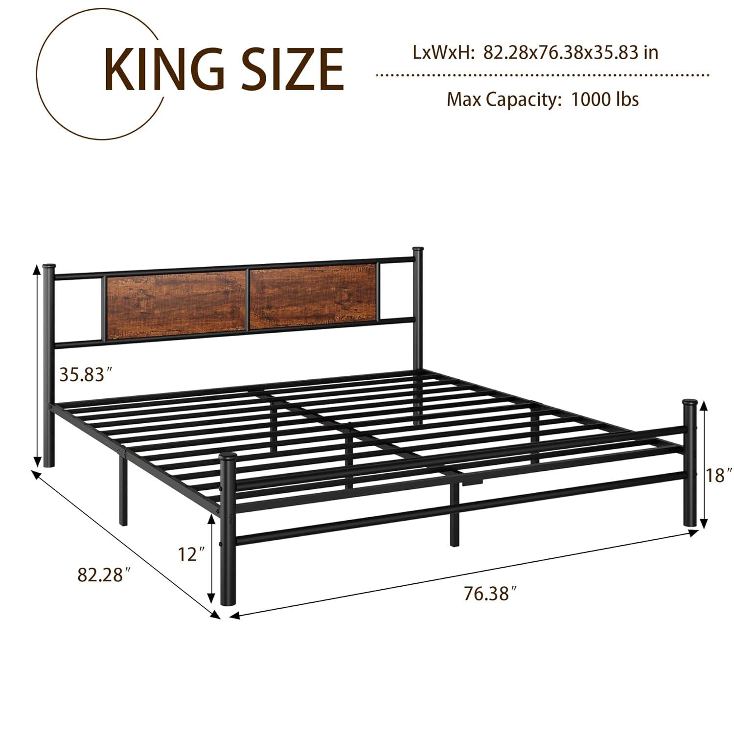 King Size Bed Frame with Rustic Wood Headboard, Metal Heavy Duty Platform, Sturdy Steel Slat Support, No Box Spring Needed, Black King Platform Bed Frame with Headboard