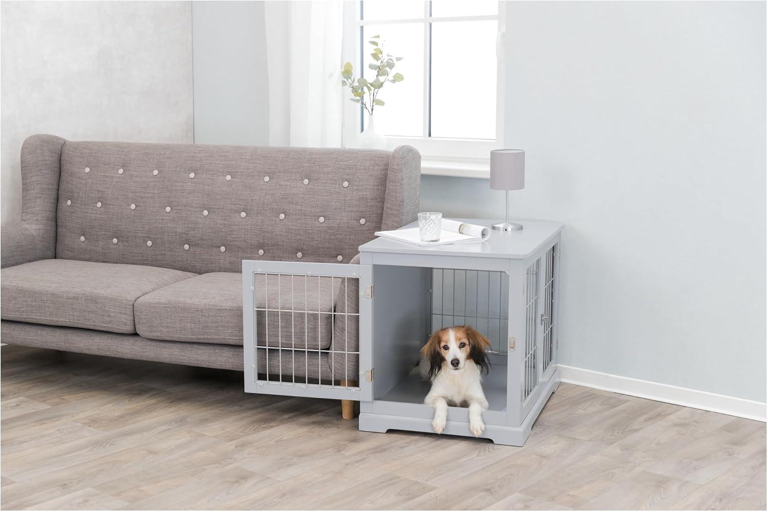 Gray Wooden Small Dog Crate Table with Lockable Doors