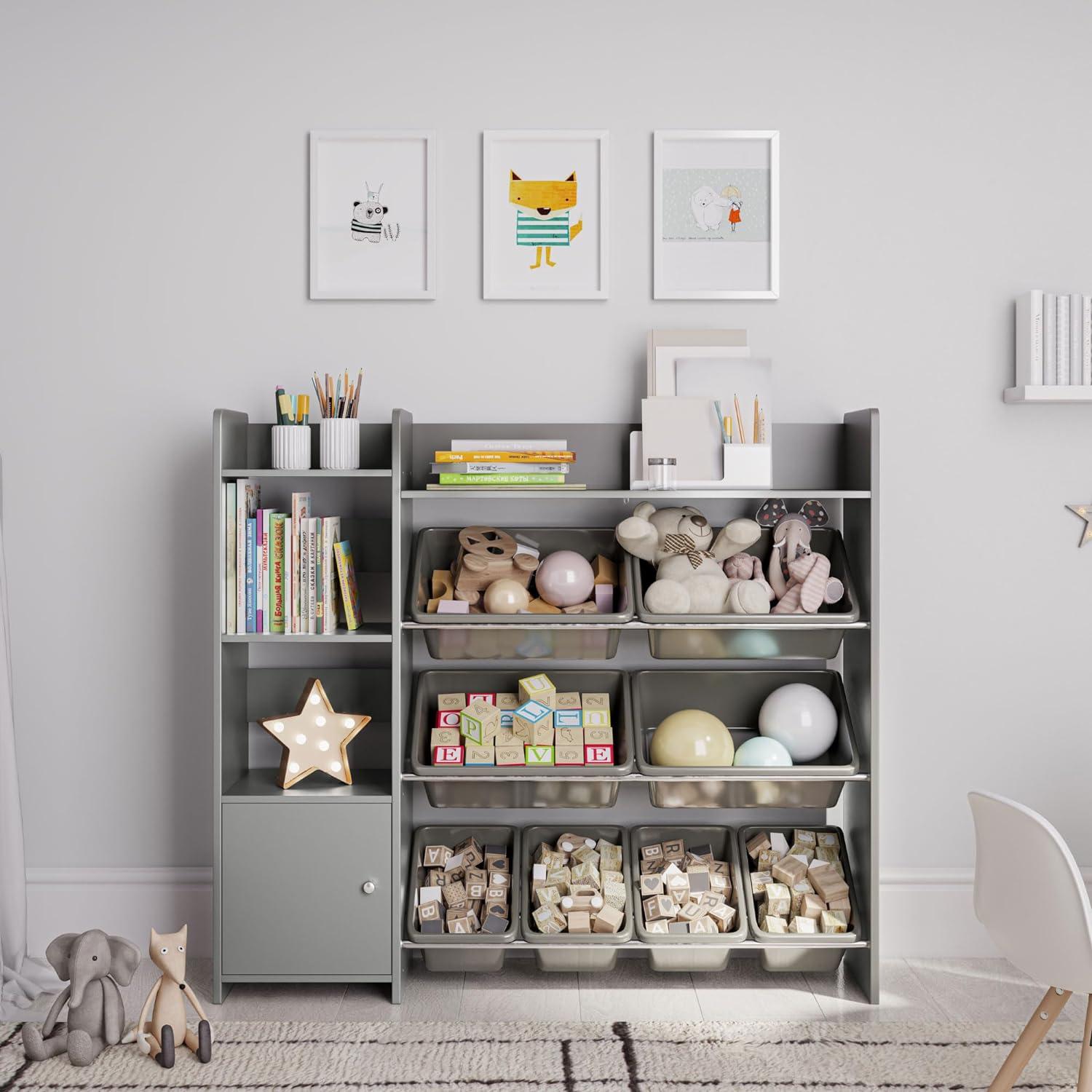 Gray Kids Toy Storage Organizer with Bookshelf and Bins