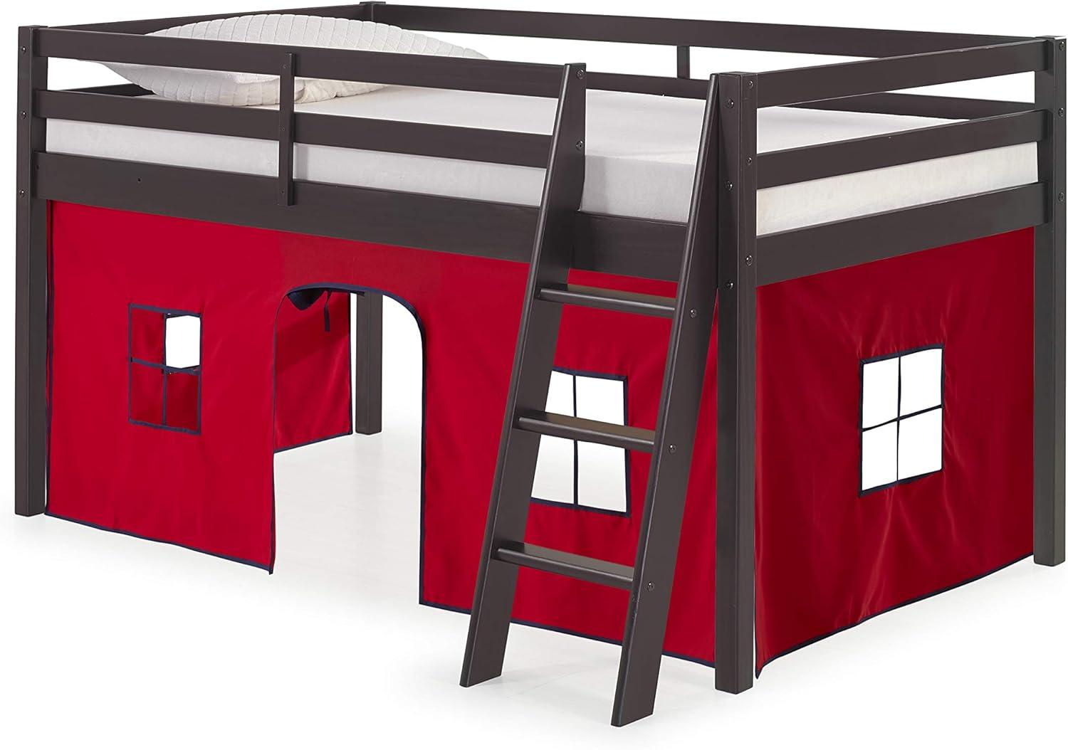 Espresso Twin Pine Junior Loft Bed with Red Playhouse Tent