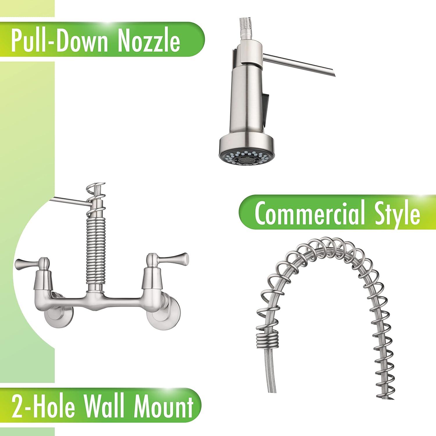 Stainless Steel Wall Mount Kitchen Faucet with Pull-Down Spray