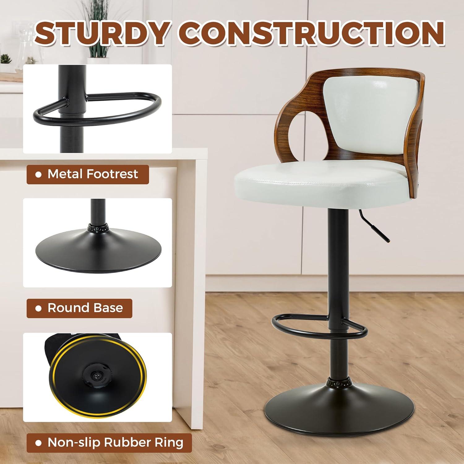 ECOTOUGE Swivel Bar Stools Set of 2, Height Adjustable Island Stools with Bentwood Back, Faux Leather Counter Height Bar Stools for Kitchen, Pub and Cafe, White