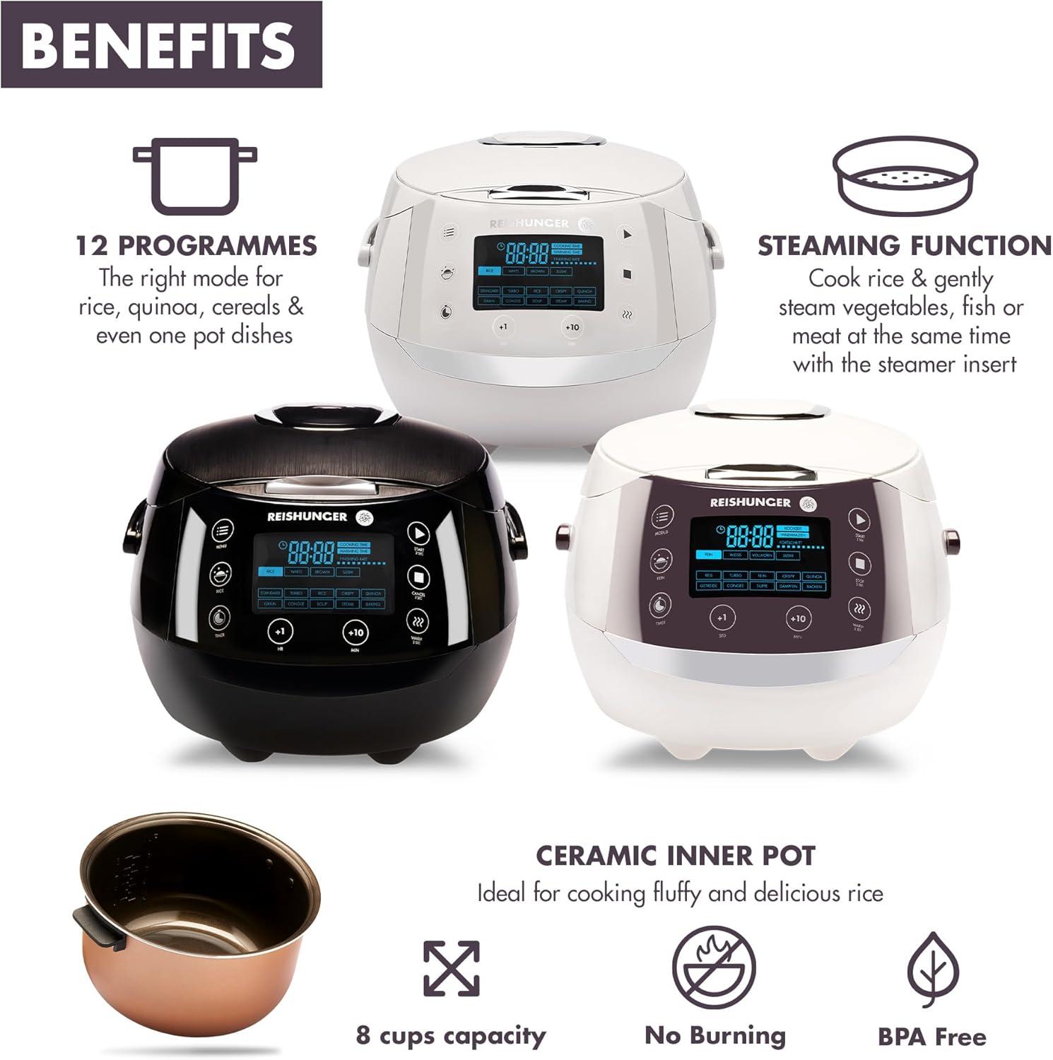 Reishunger Digital Rice Cooker and Steamer, Black, Timer - 8 Cups - Premium Inner Pot, Multi Cooker with 12 Programs & 7-Phase Technology for Brown Rice, Soups, Grains, Oatmeal & more - 1-8 People