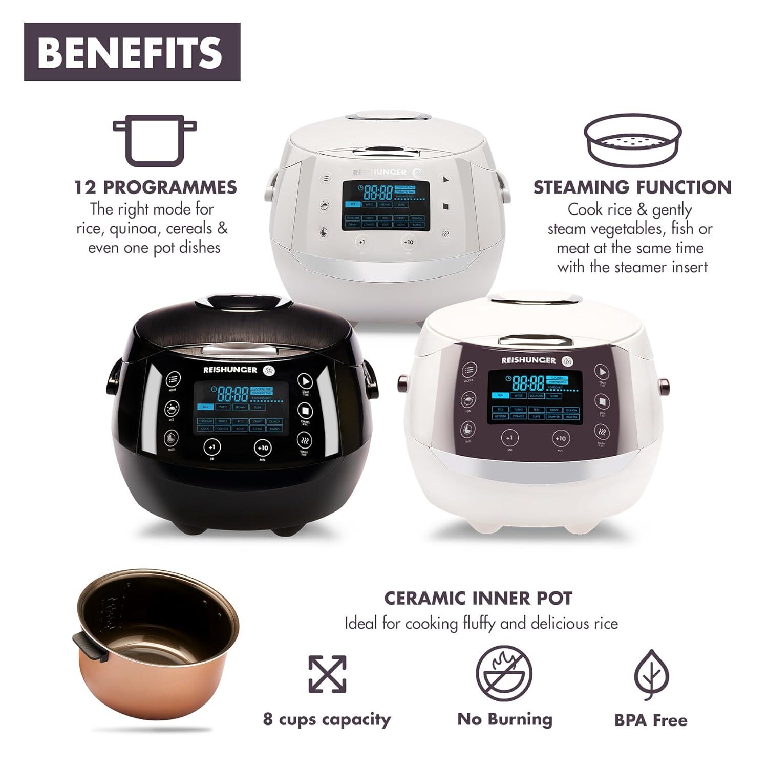 Reishunger Digital Rice Cooker and Steamer, Black, Timer - 8 Cups - Premium Inner Pot, Multi Cooker with 12 Programs & 7-Phase Technology for Brown Rice, Soups, Grains, Oatmeal & more - 1-8 People