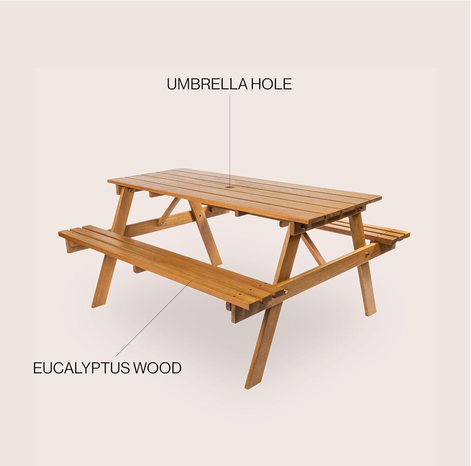 Shoreham 59" Modern Classic Outdoor Wood Picnic Table Benches with Umbrella Hole