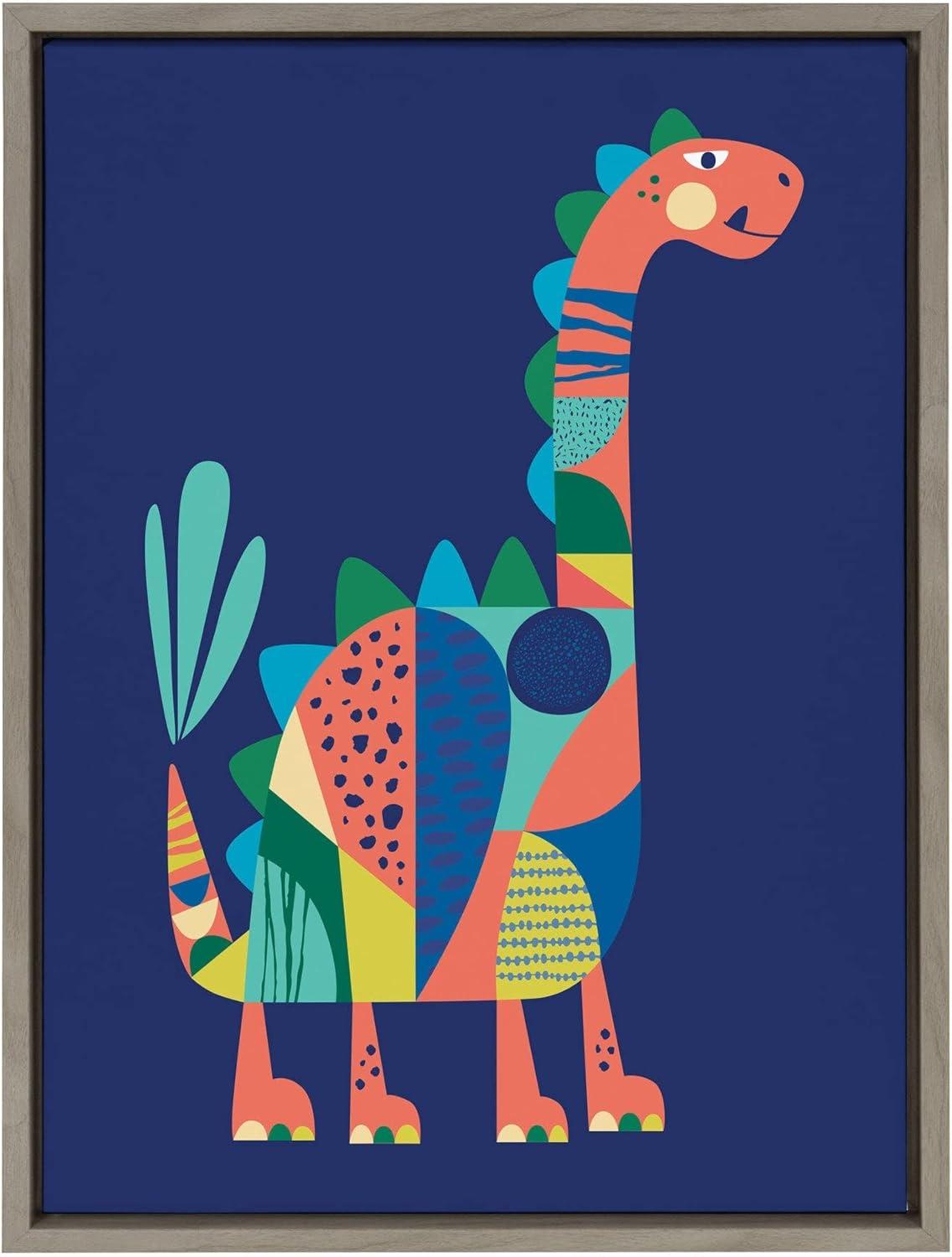 Kate and Laurel Sylvie Mid Century Modern Dino Blue Framed Canvas by Rachel Lee of My Dream Wall, 18x24, Gray