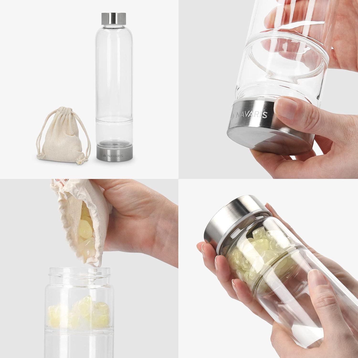 Navaris Crystal Water Bottle - 14oz Glass Gemstone Drink Bottle with Loose Natural Gem Stones - Available with Different Type Stones