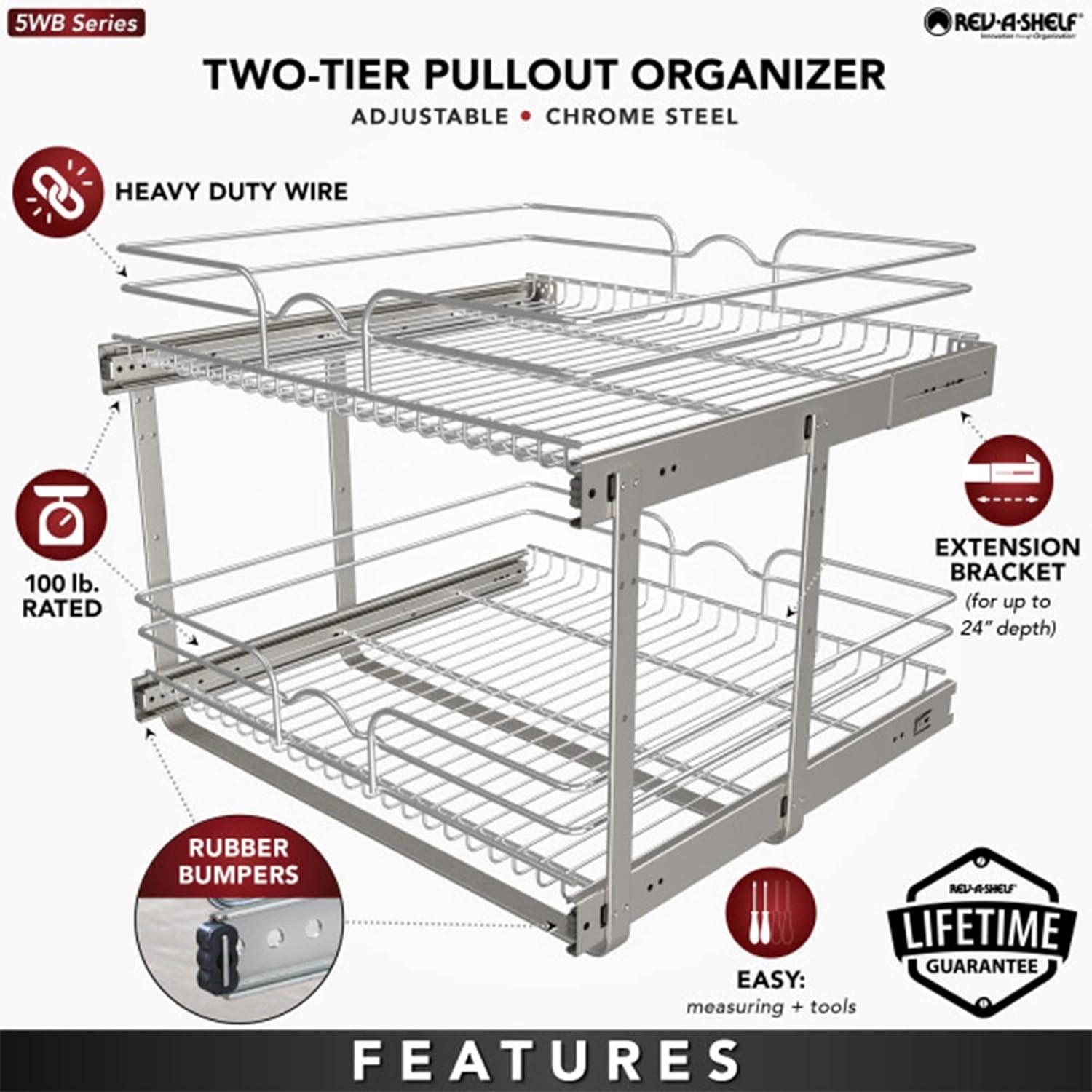 Rev-A-Shelf 5WB2 2-Tier Wire Basket Pull Out Shelf Storage for Kitchen Base Cabinet Organization, Chrome