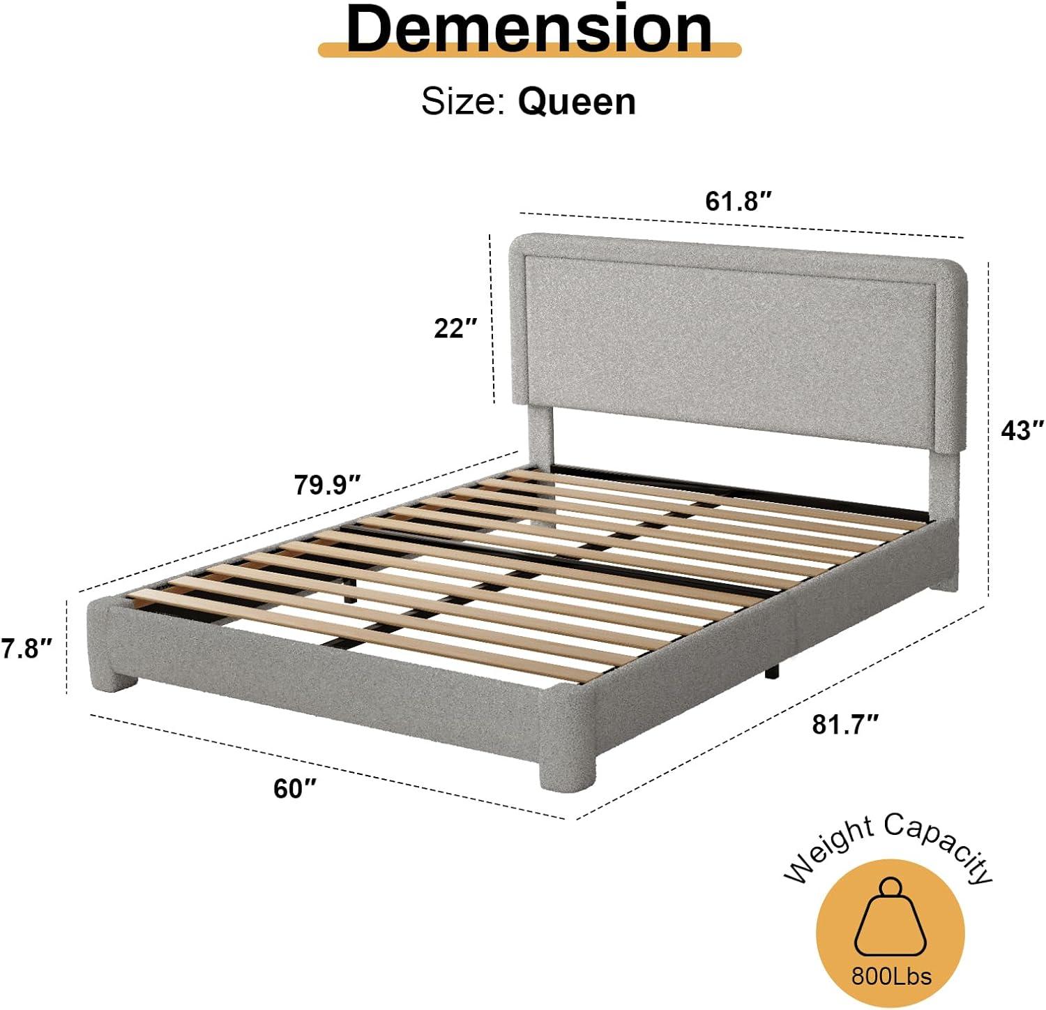 Queen Size Boucle Bed Frame, Upholstered Cloud Bed Frame with Adjustable Headboard, Soft Rounded Corners, No Box Spring Required, Easy Assembly, Black