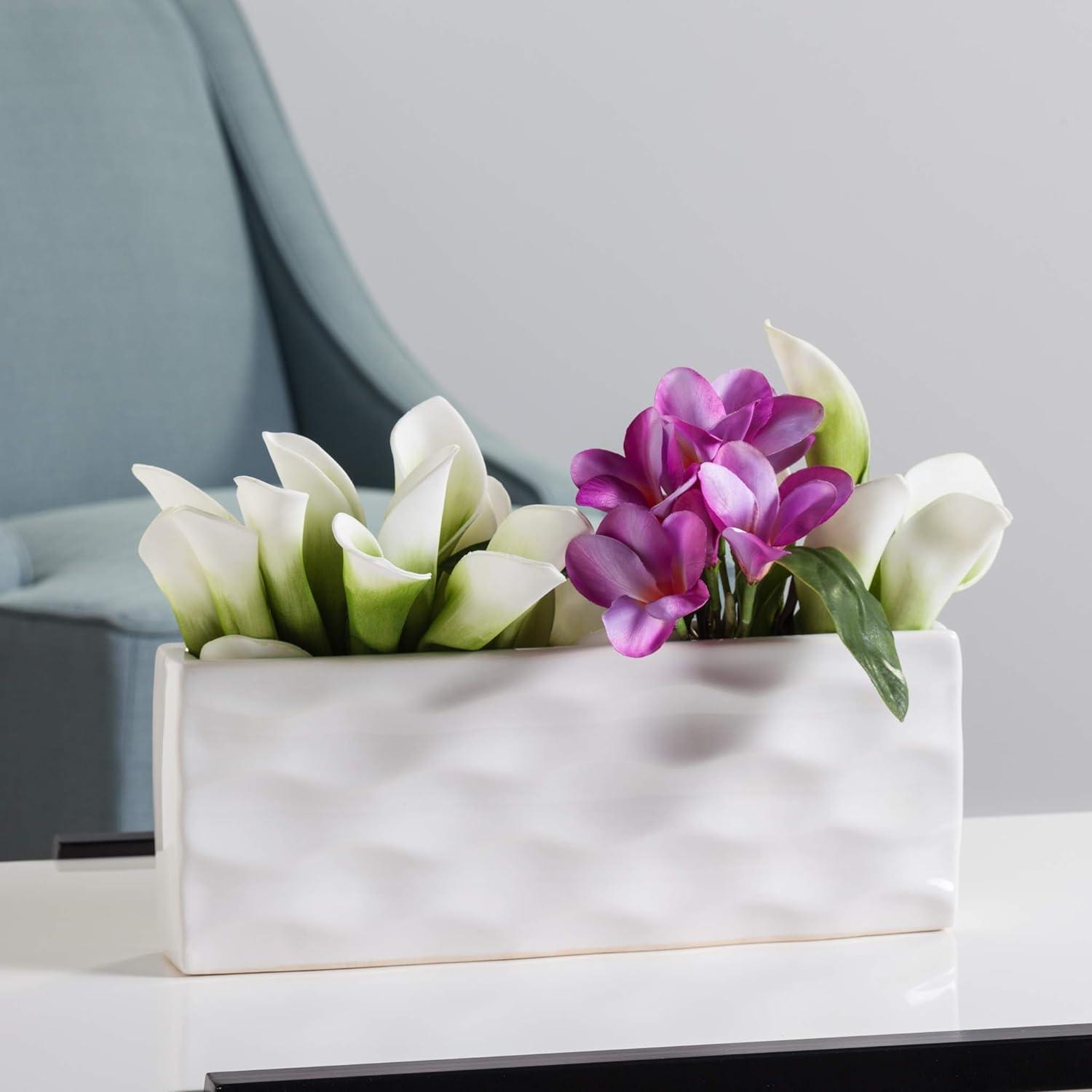 Elegant Glossy White Ceramic Rectangular Vase for Faux or Fresh Bouquets