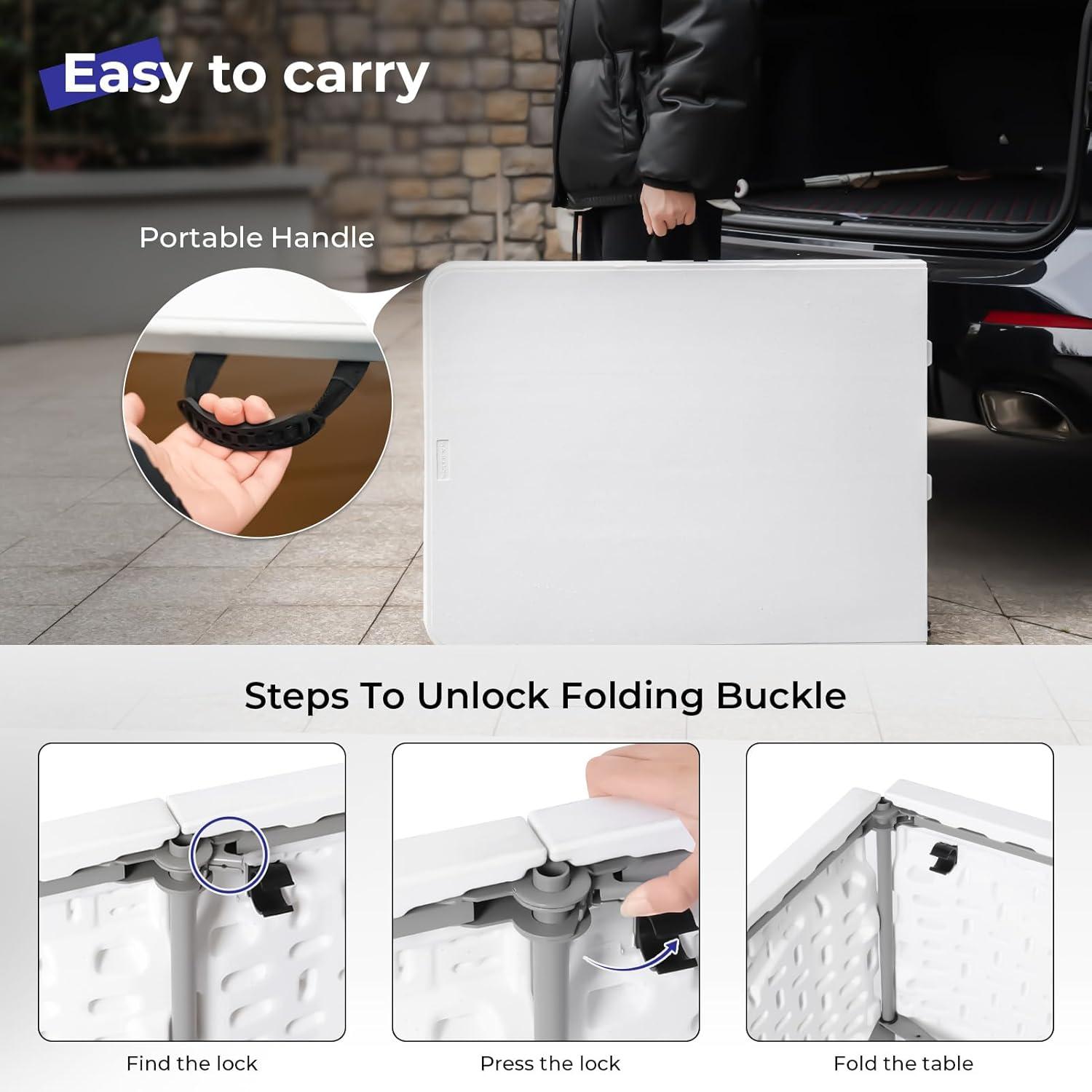 Folding Table 6ft Portable Heavy Duty Plastic Fold-in-Half Utility Foldable Table Plastic Dining Table Indoor Outdoor for Camping, Picnic and Party, White