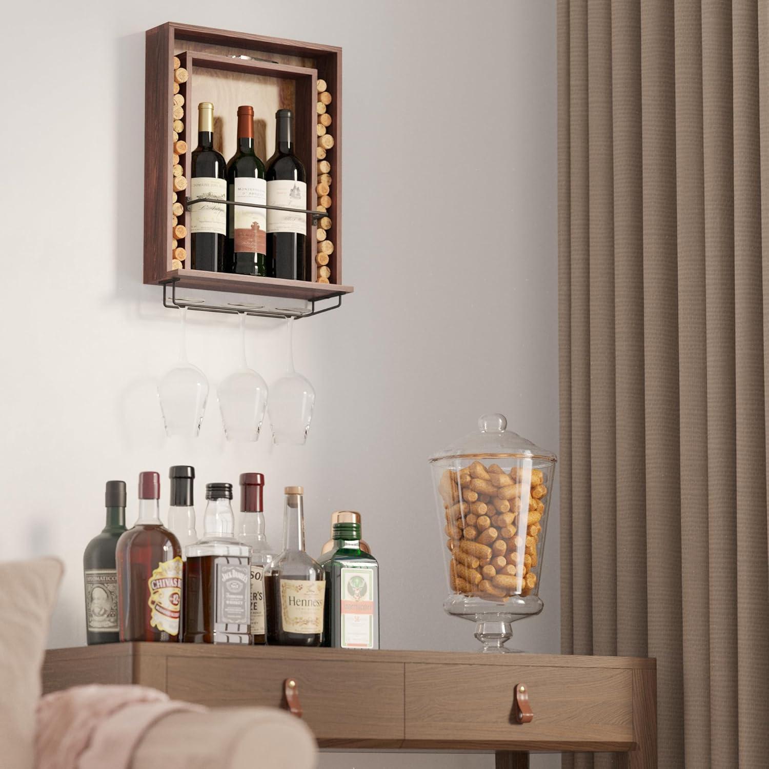 Rustic State 3 Bottle Solid Wood Wall Mounted Wine Bottle & Glass Rack in Dark Brown | Wayfair
