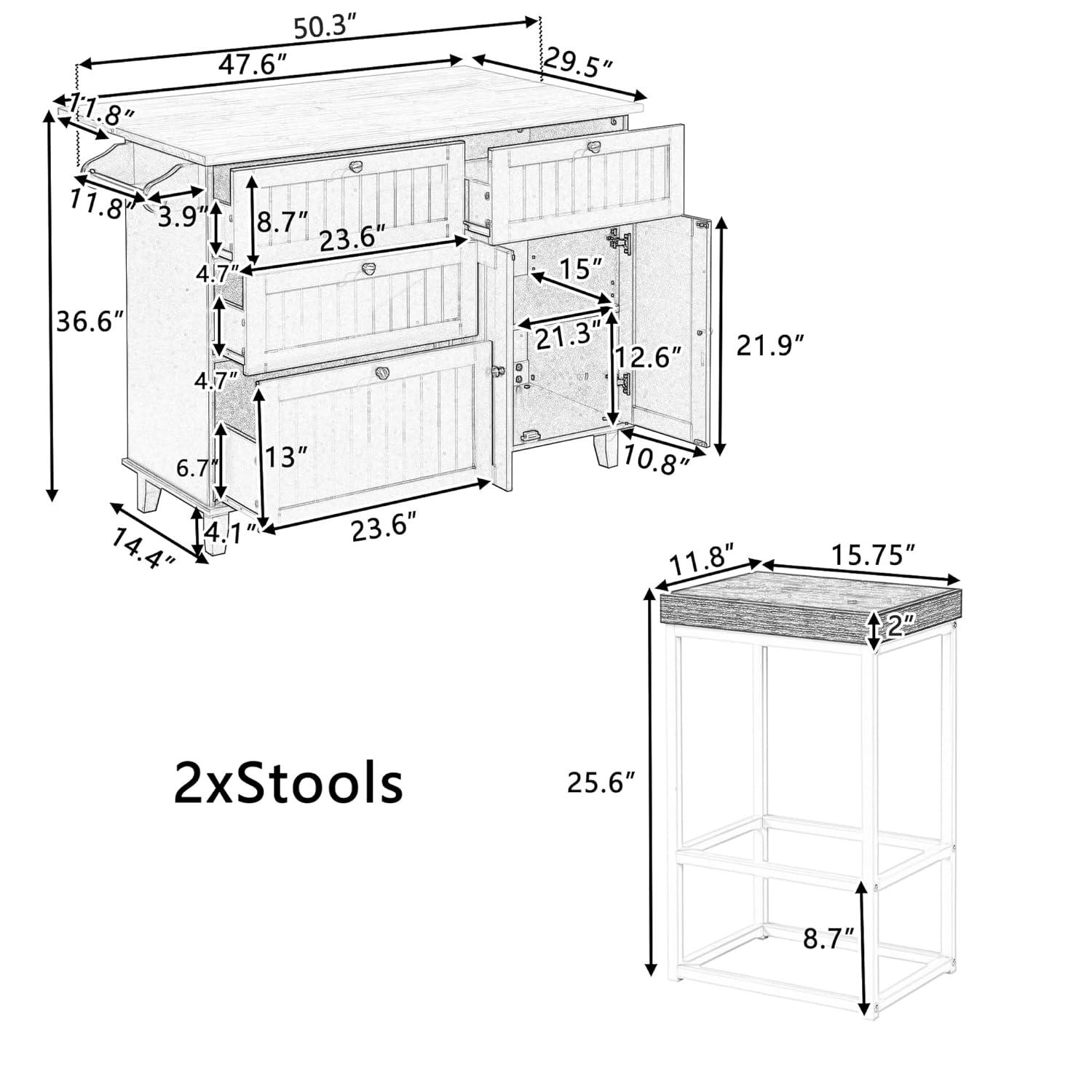 Harper & Bright Designs Kitchen Island Set with 2 Seatings and Drop Leaf, Farmhouse Dining Table Set with Storage Cabinet, Drawers and Towel Rack, Black