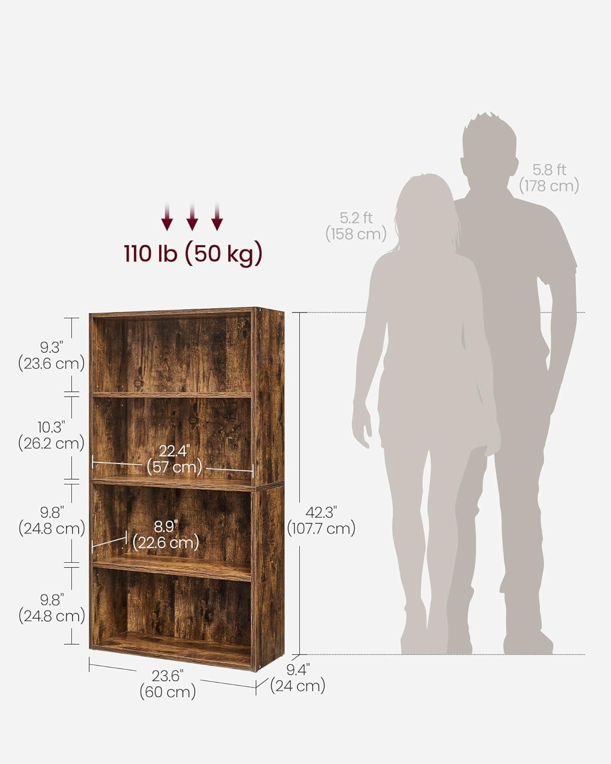 Rustic Brown 4-Tier Adjustable Kids Bookcase with Cubes