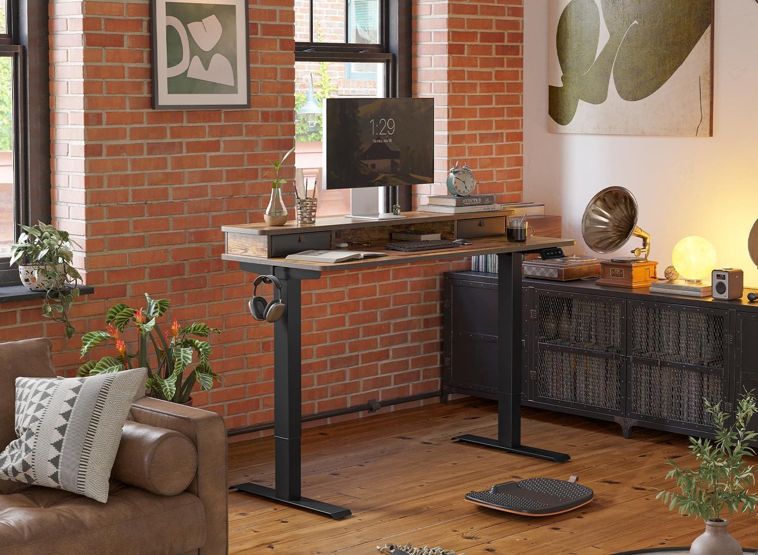 Rustic Brown Adjustable Height Standing Desk with Drawers and Shelf