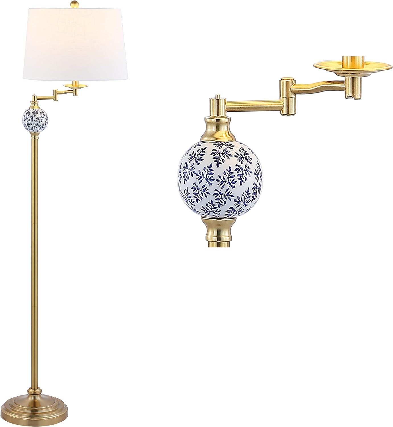 Aveiro Adjustable Arc 61.5" Gold Metal Floor Lamp with White Linen Shade