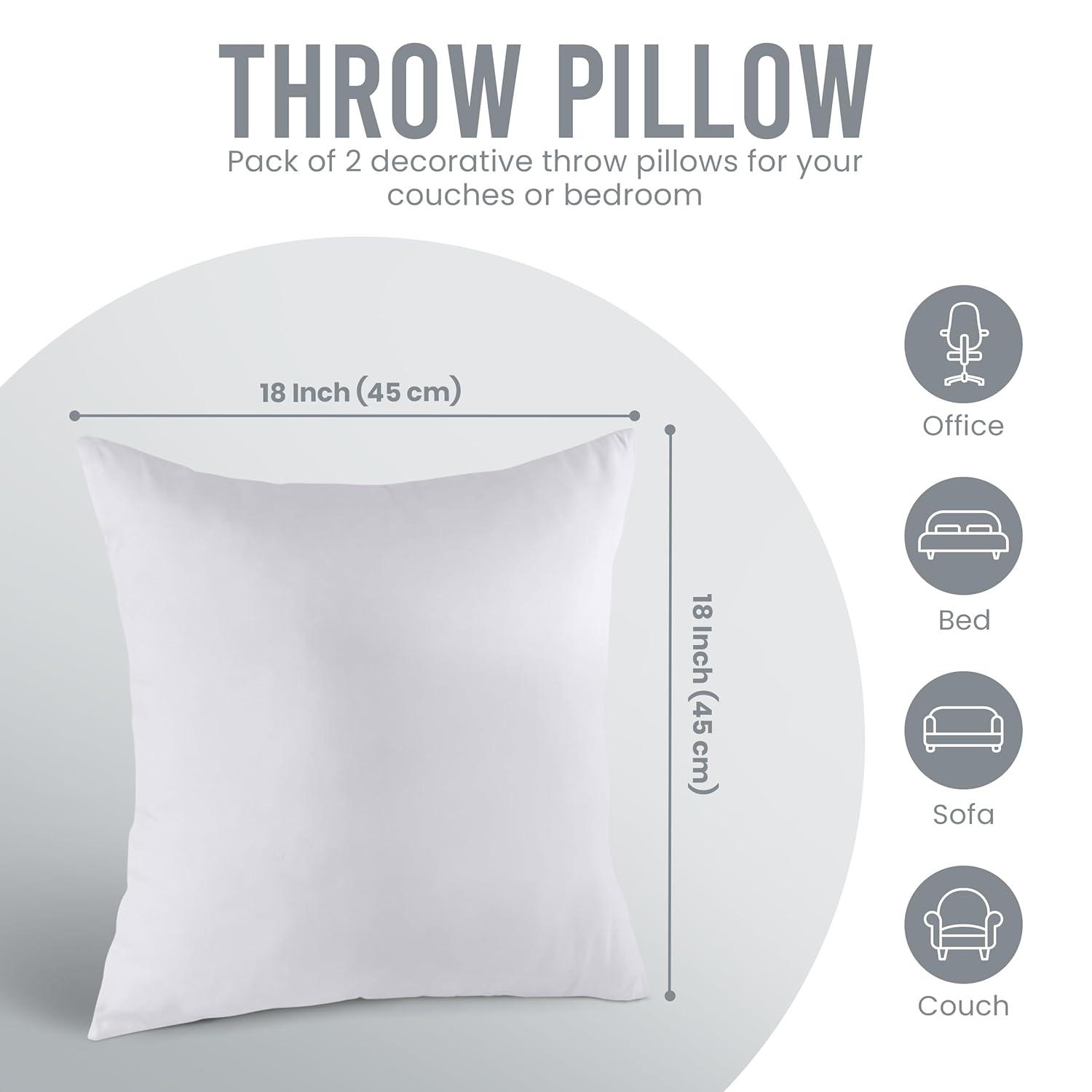 THROW PILLOW, SOFA PILLOW, OUT DOOR PILLOW, COUCH PILLOW, BEDDING PILLOW Inserts (Set of 2, White), 18x18 Inches - Lightweight Fillers for Sofa, Bed, and Home Décor (18x18 Inch (Pack of 2)
