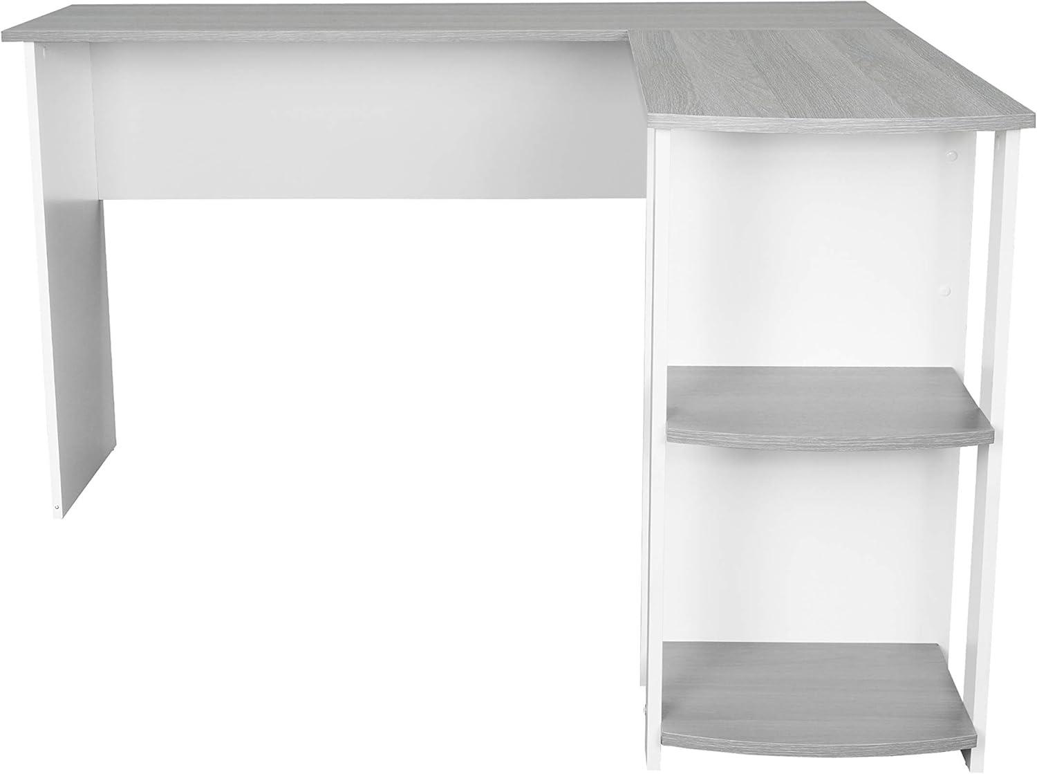 Modern Gray L-Shaped Home Office Desk with Side Storage Shelves