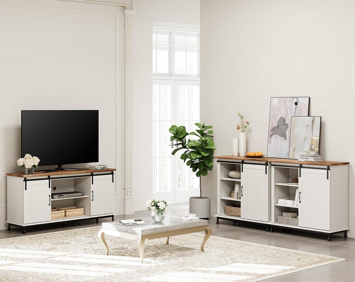 WAMPAT Farmhouse Coffee Bar Cabinet with Sliding Barn Door, Wood Sideboard Buffet Cabinet with Adjustable Shelf & Metal Leg, Kitchen Cabinet for Dining Room, Living Room, White, 35 Inch