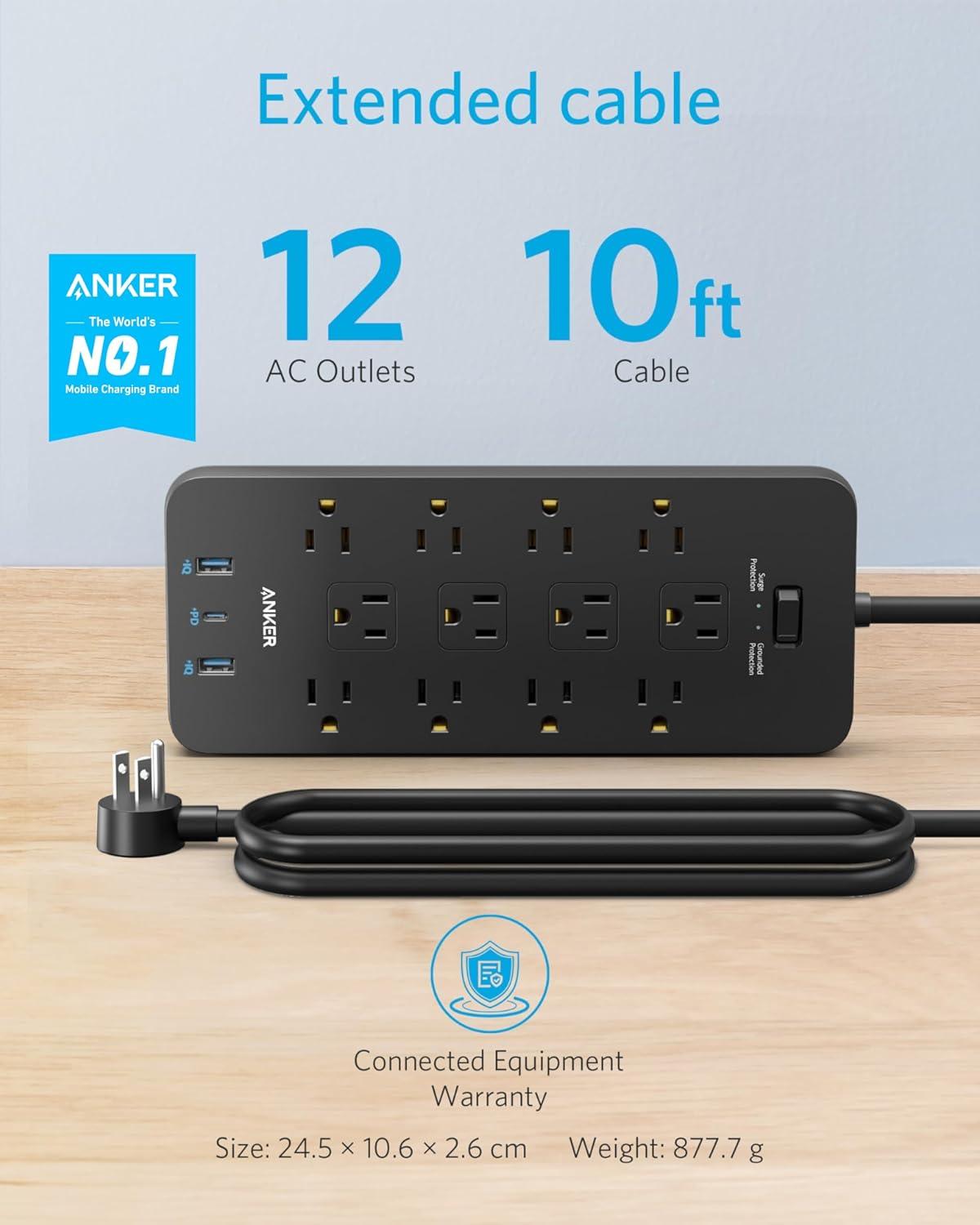 Black 12-Outlet Power Strip with USB Ports and Surge Protection