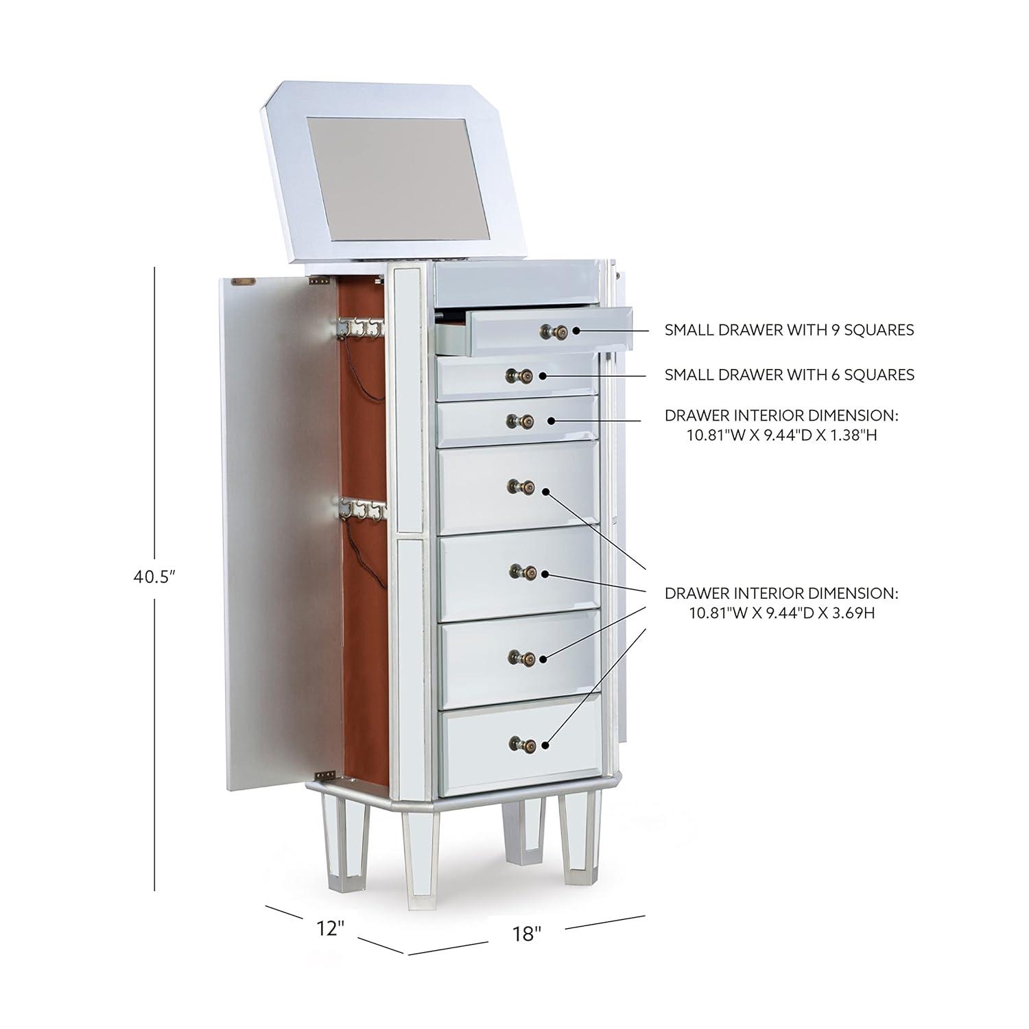 Linon Mason Mirrored 7 Drawer Flip Top Side Storage Jewelry Armoire in Silver