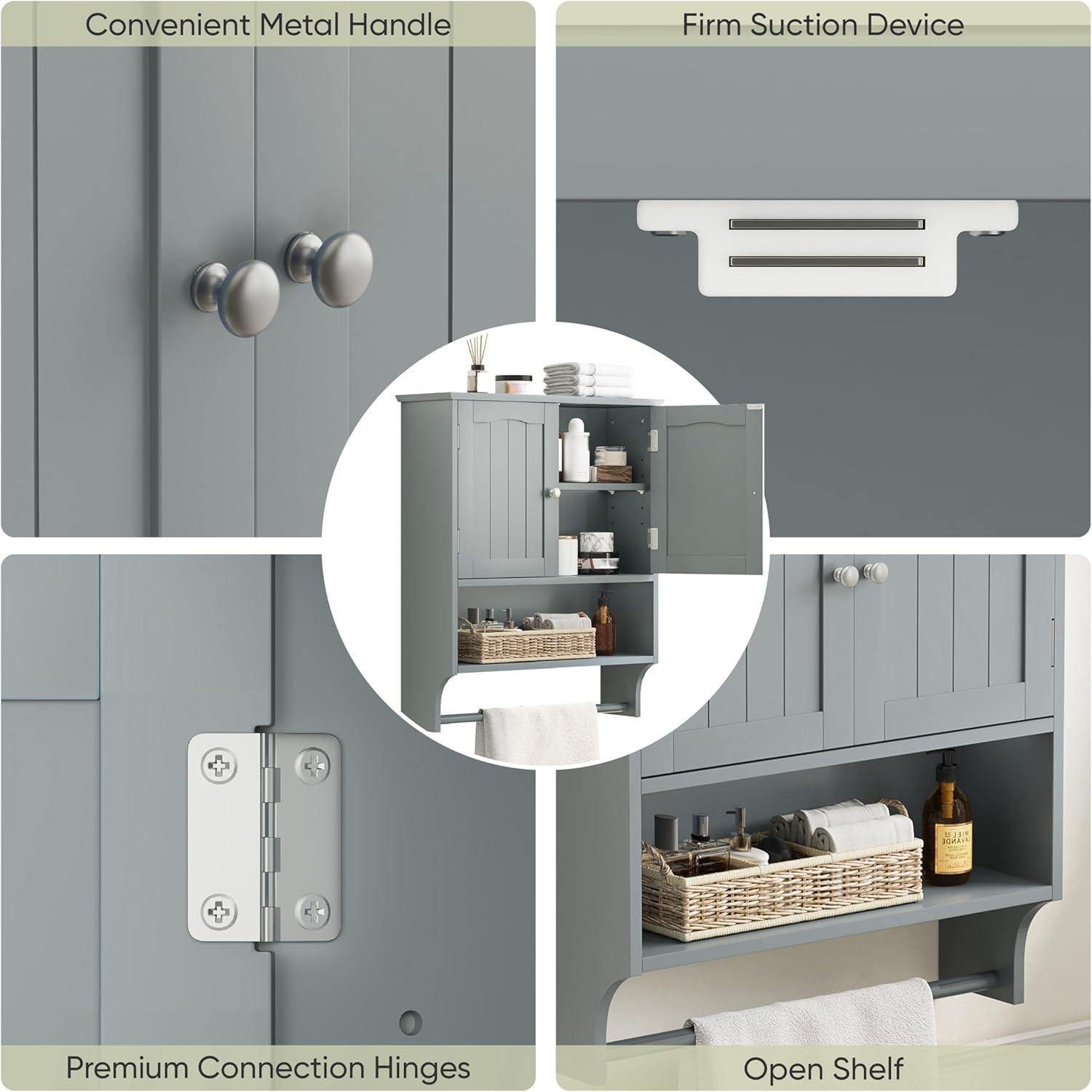 LOKO Wall Mounted Bathroom Cabinet with Towel Bar, Hanging Over The Toilet Storage Cabinet w/Adjustable Shelf, Medicine Cabinet Space-Saving Storage Organizer for Bathroom or Kitchen (Grey)