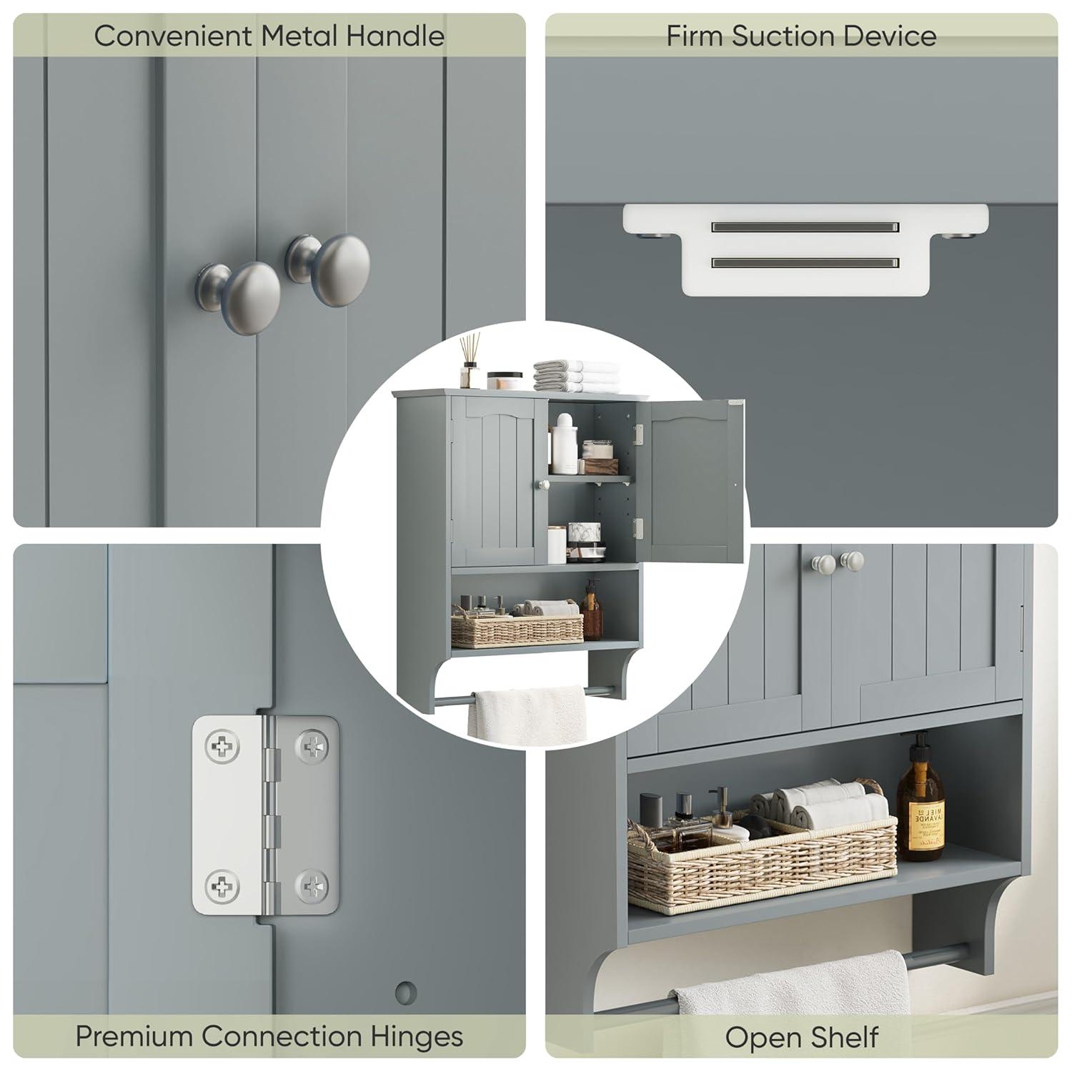 LOKO Wall Mounted Bathroom Cabinet with Towel Bar, Hanging Over The Toilet Storage Cabinet w/Adjustable Shelf, Medicine Cabinet Space-Saving Storage Organizer for Bathroom or Kitchen (Grey)