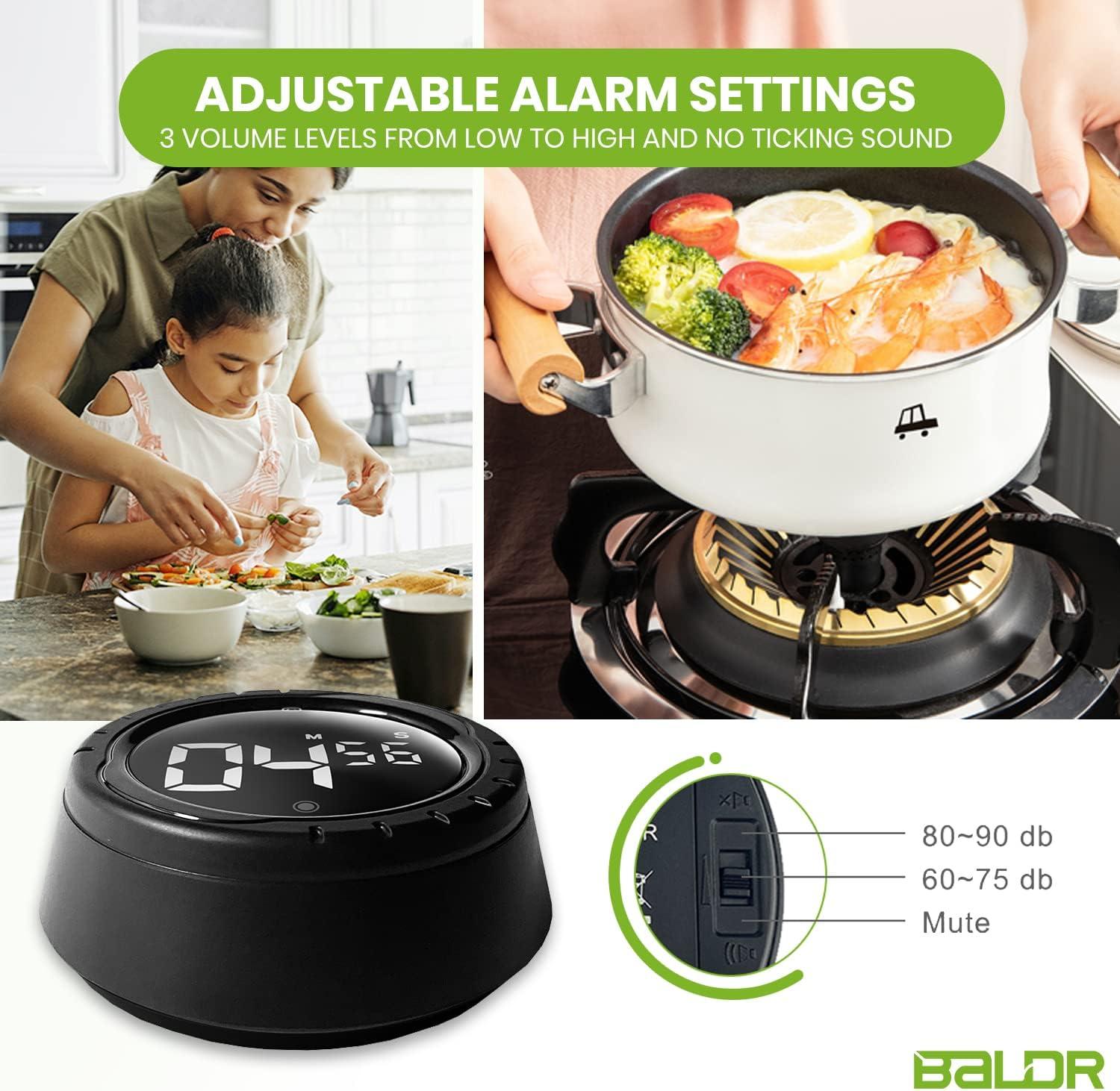Baldr Kitchen Timer - Smart Countdown/Count Up Digital Timer with Rotating Desk Display, Quiet & Beeping Alerts, Strong Magnetic Backing - for Kitchen & Classroom (Black)