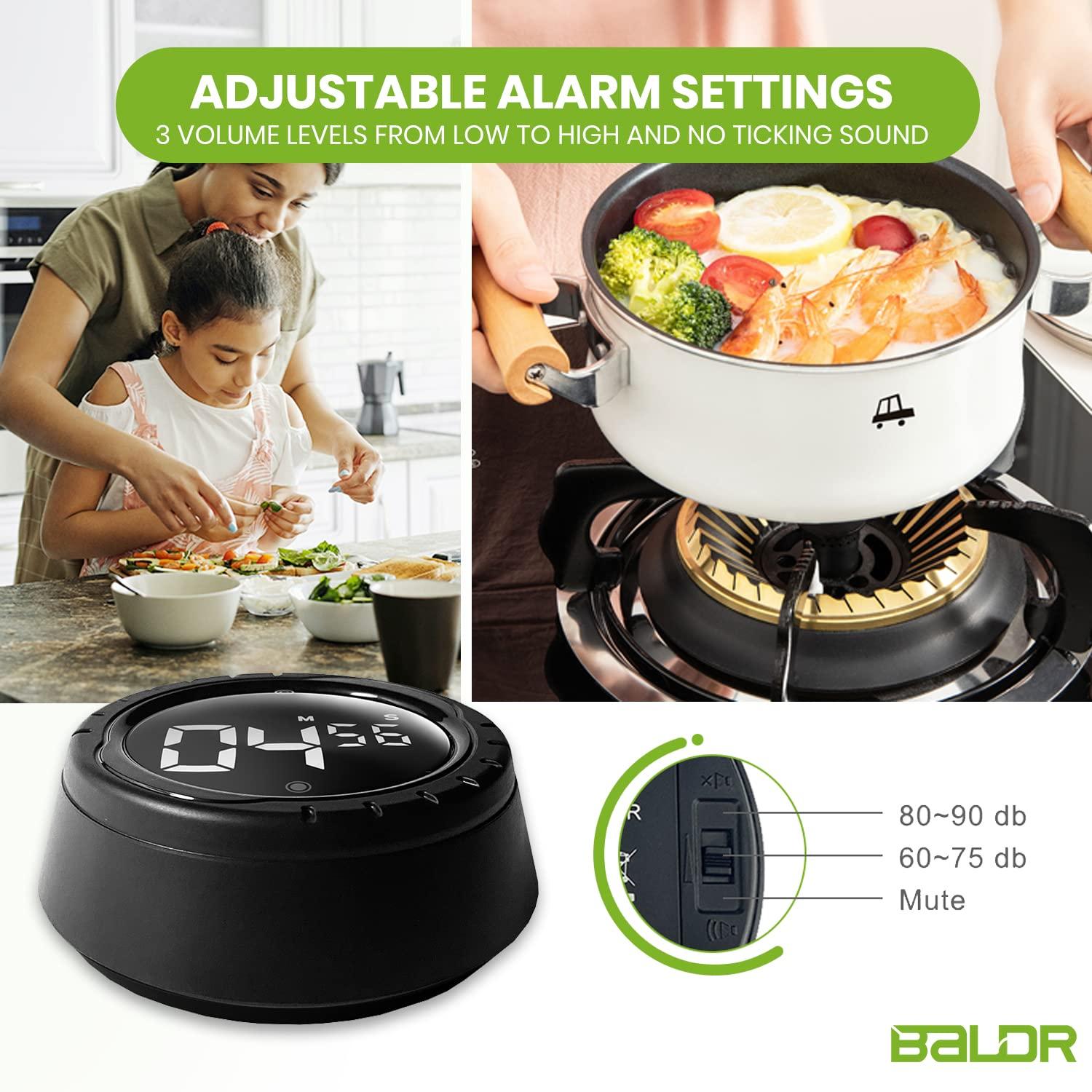 Baldr Kitchen Timer - Smart Countdown/Count Up Digital Timer with Rotating Desk Display, Quiet & Beeping Alerts, Strong Magnetic Backing - for Kitchen & Classroom (Black)