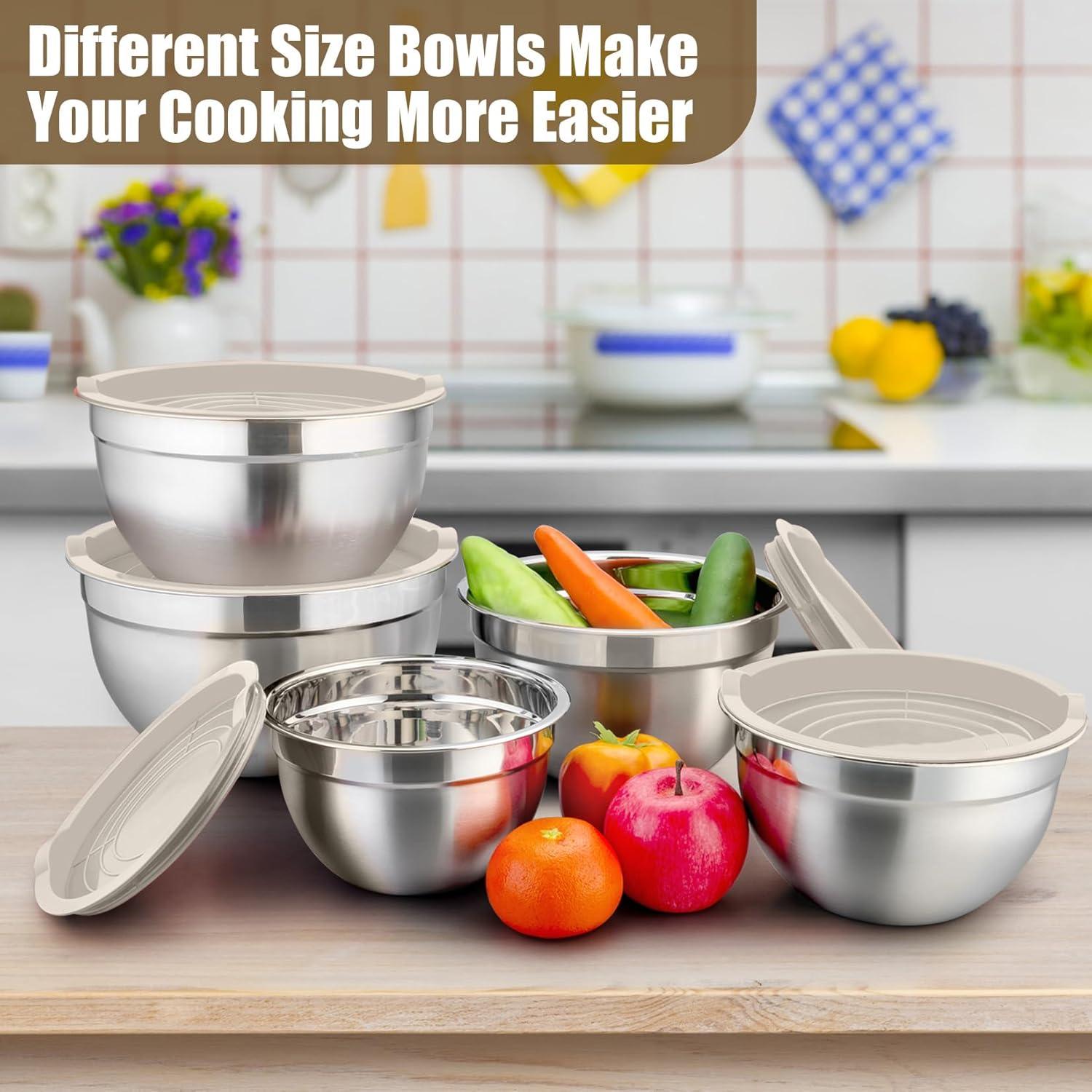 Toledo Bath & Kitchen Stainless Steel Mixing Bowls With Lids, 5-Pack Metal Nesting Bowls With Airtight Covers For Cooking, Baking, Serving, Storage, Non-Toxic & Dishwasher Safe, Size 4.6/3/1.5/1/0.7QT - Khaki
