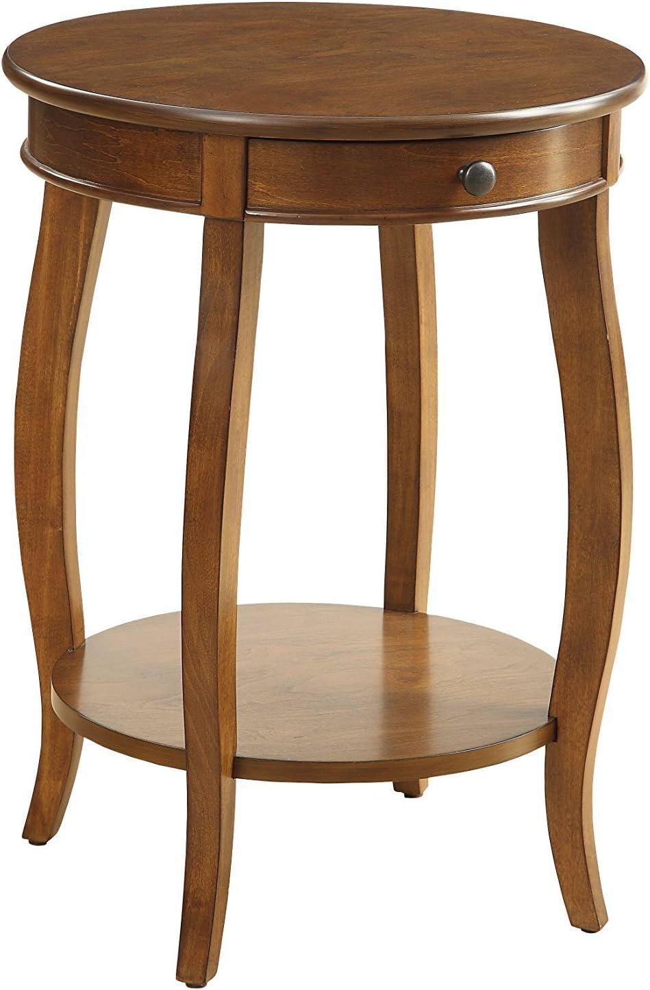 Walnut Round Wood End Table with Storage Drawer