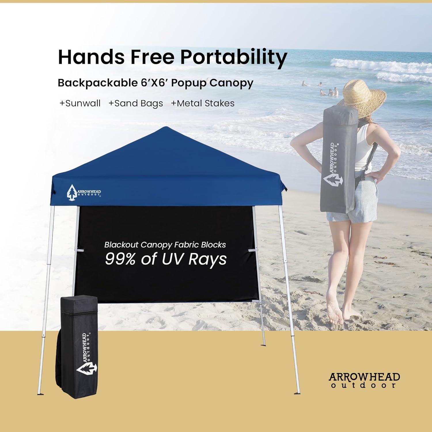 ARROWHEAD OUTDOOR KGS0397U Backpack Pop-up Canopy with Sunwall, Sand Bags, Guide Ropes, Ground Stakes, 6'x6' / 8'x8' Top to Bottom - Blue