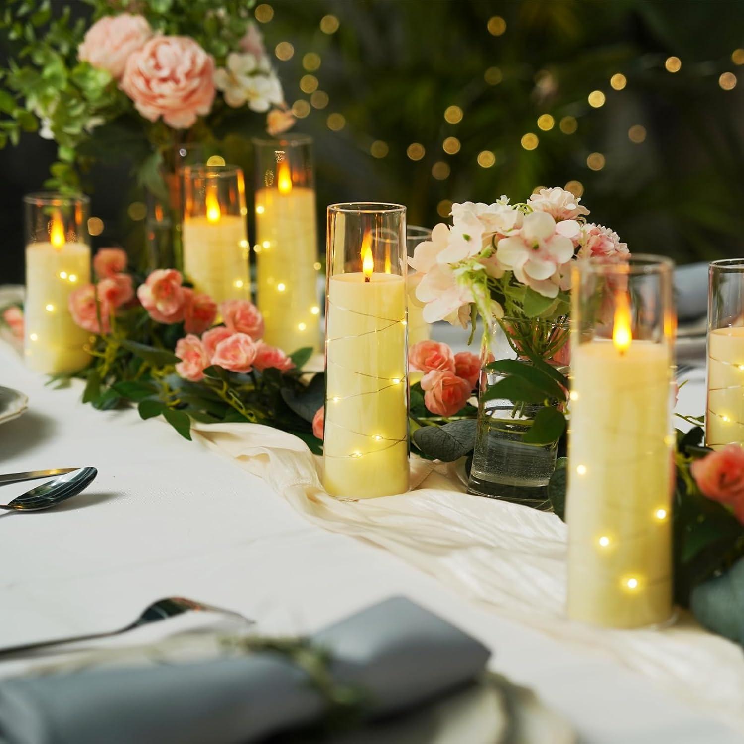 Flameless Candles with Embedded Star String, Battery Operated LED Pillar Candles with Timer and Remote Control,Home Decorating for Ambiance， Set of 9 (Ivory)
