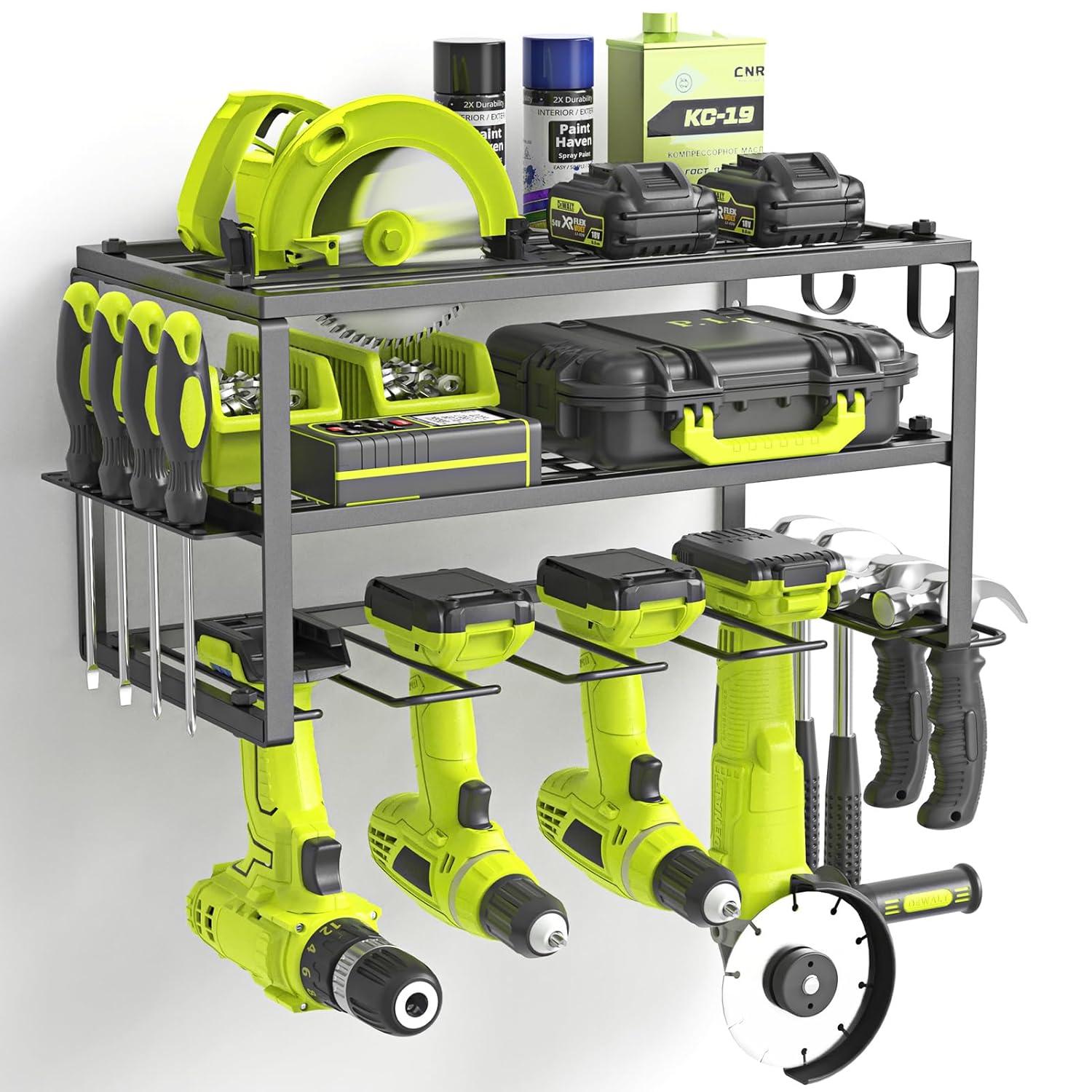 Power Tool Organizer, Heavy Duty Iron, 3 Layers Storage Rack with 4 Drill Holders, Floating Tool Shelf Wall Mounted, Matte Black, Work Shop, Garage, 150Lbs Load Capacity