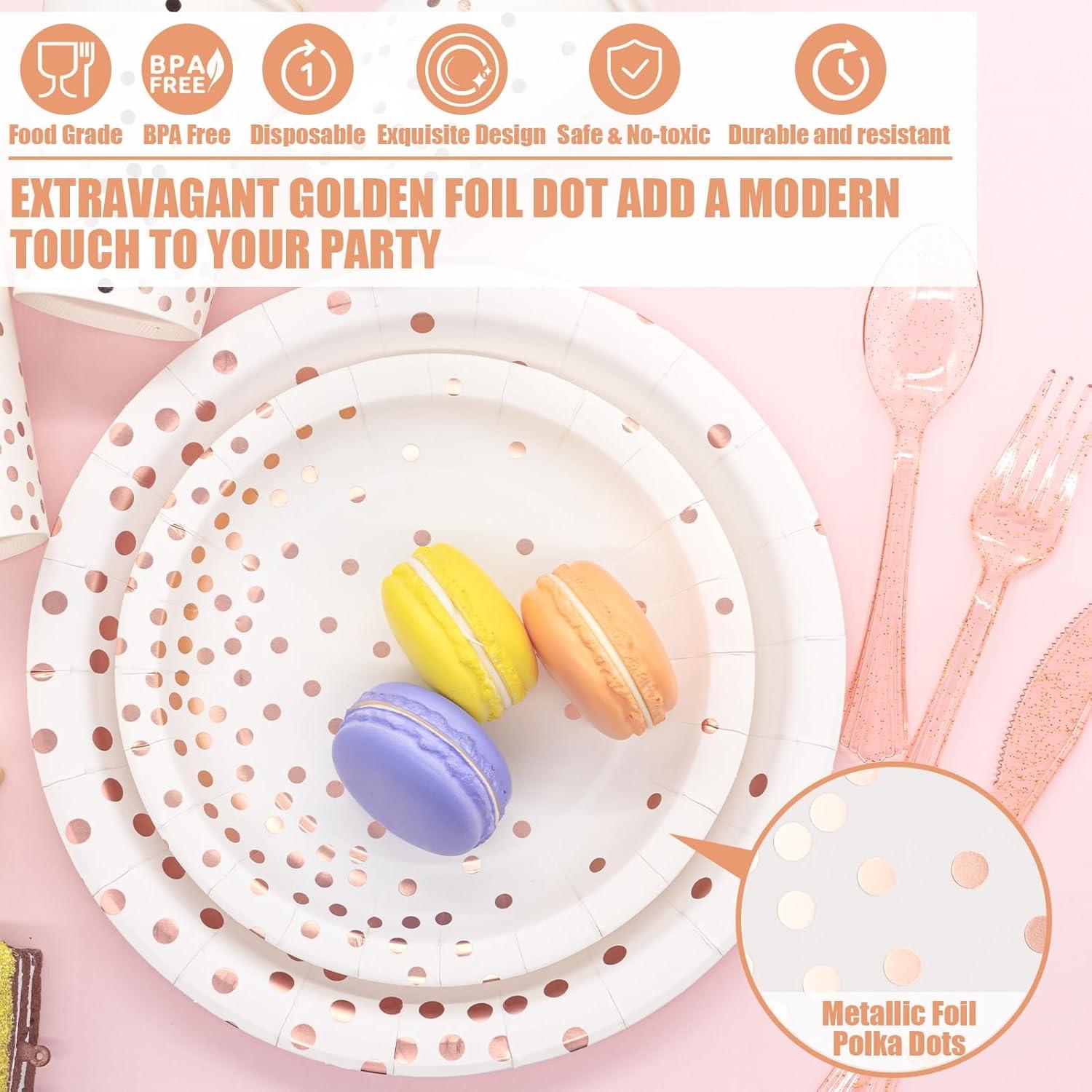 White & Rose Gold Party Supplies, 350PCS Disposable Dinnerware Set with Plates Napkins Cups Forks Knives Spoons for Girl Women Birthday Baby Bridal Shower Graduation Wedding Party Decoration