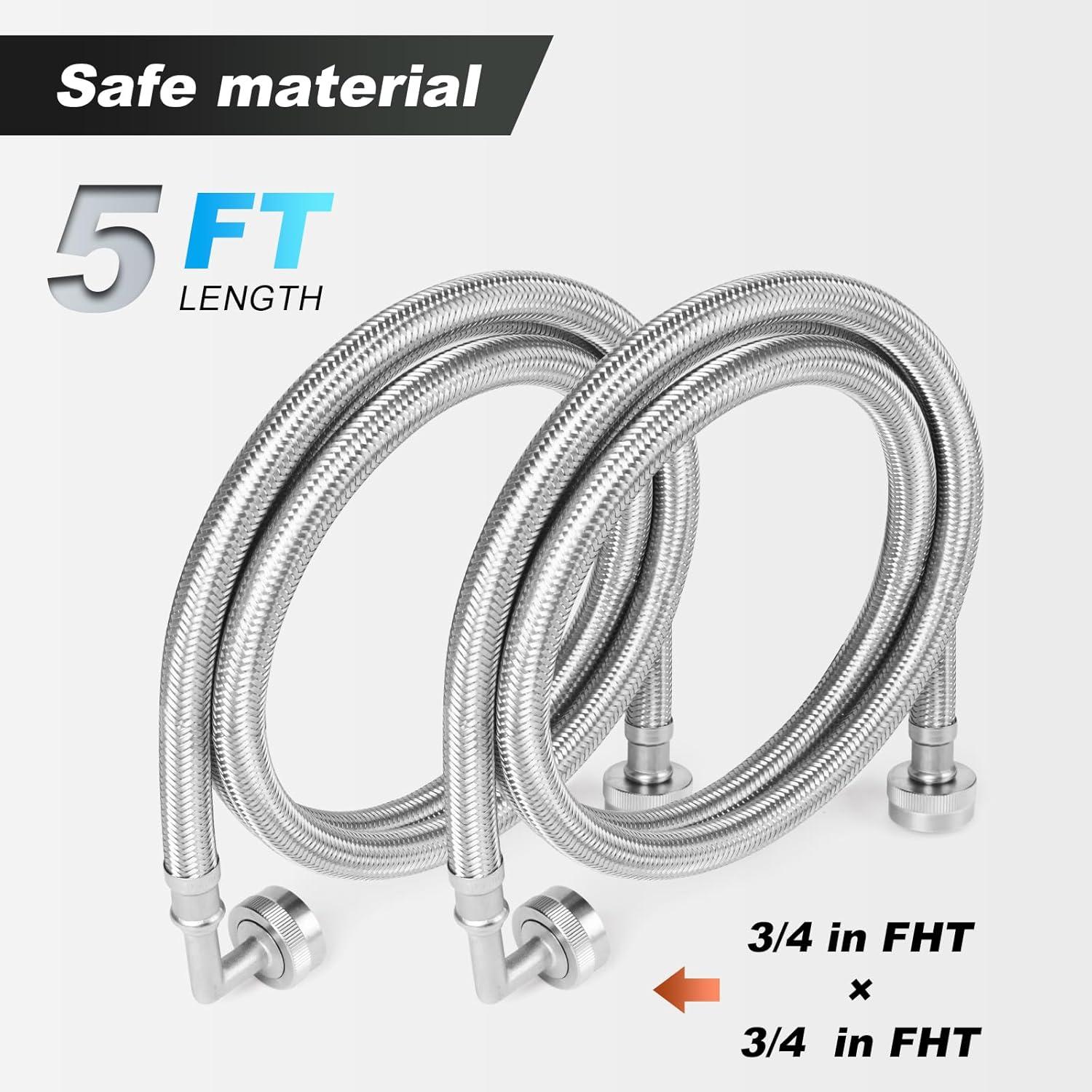 2-Pack Premium Stainless Steel Washing Machine Hoses - 5 FT No-Lead Burst Proof Water Inlet Supply Lines - Universal 90 Degree Elbow Connection